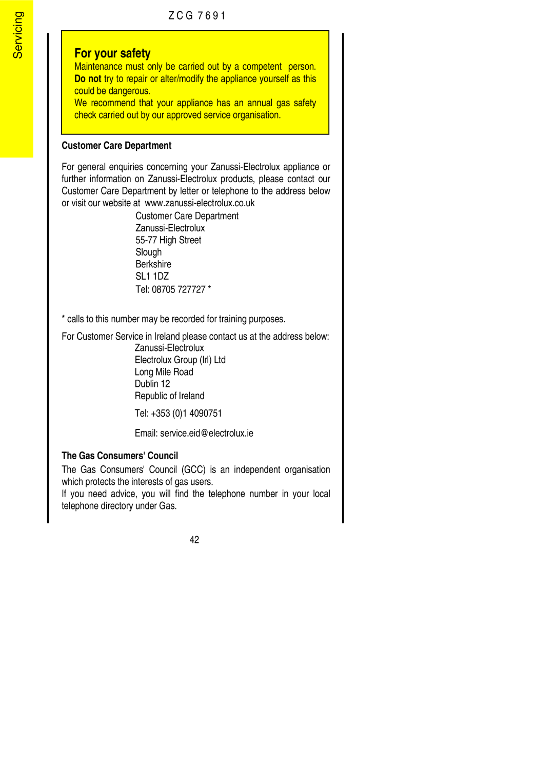 Zanussi ZCG 7691 manual Customer Care Department, High Street Slough Berkshire 