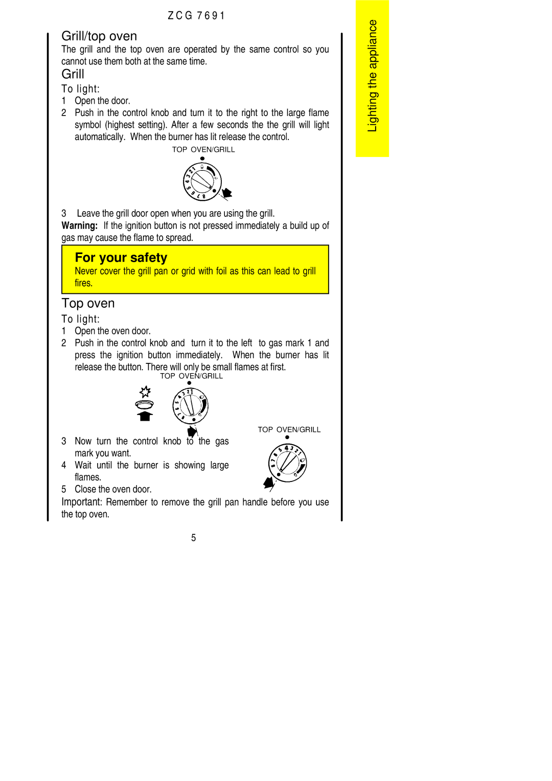 Zanussi ZCG 7691 manual Grill/top oven, Top oven 
