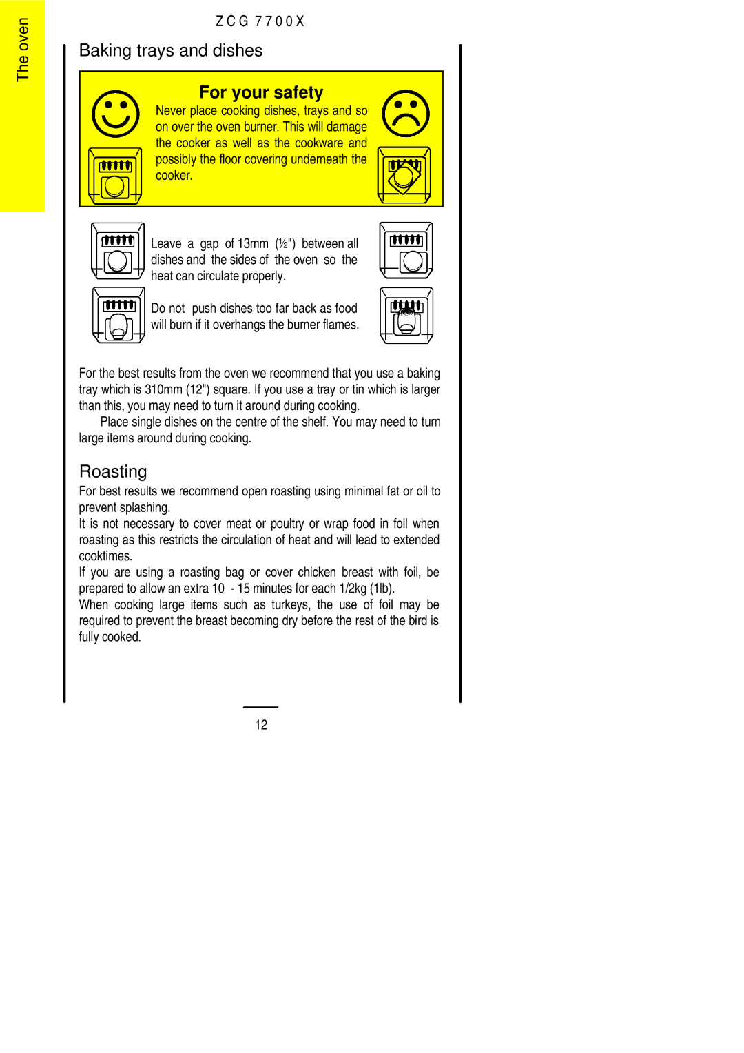 Zanussi ZCG 7700X manual Baking trays and dishes, Roasting 