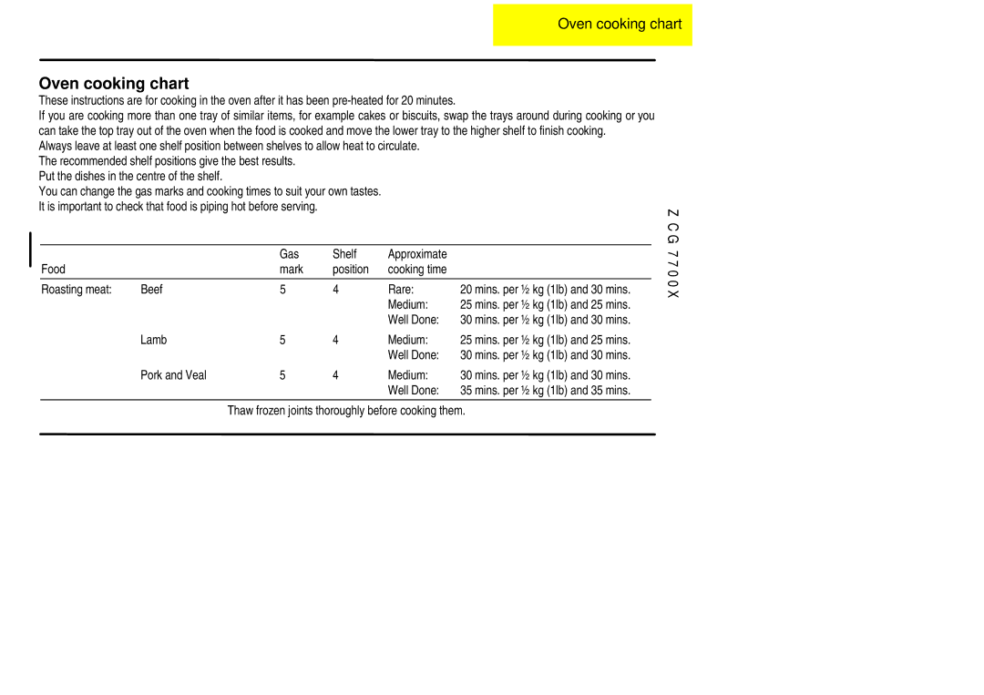 Zanussi ZCG 7700X manual Oven cooking chart 