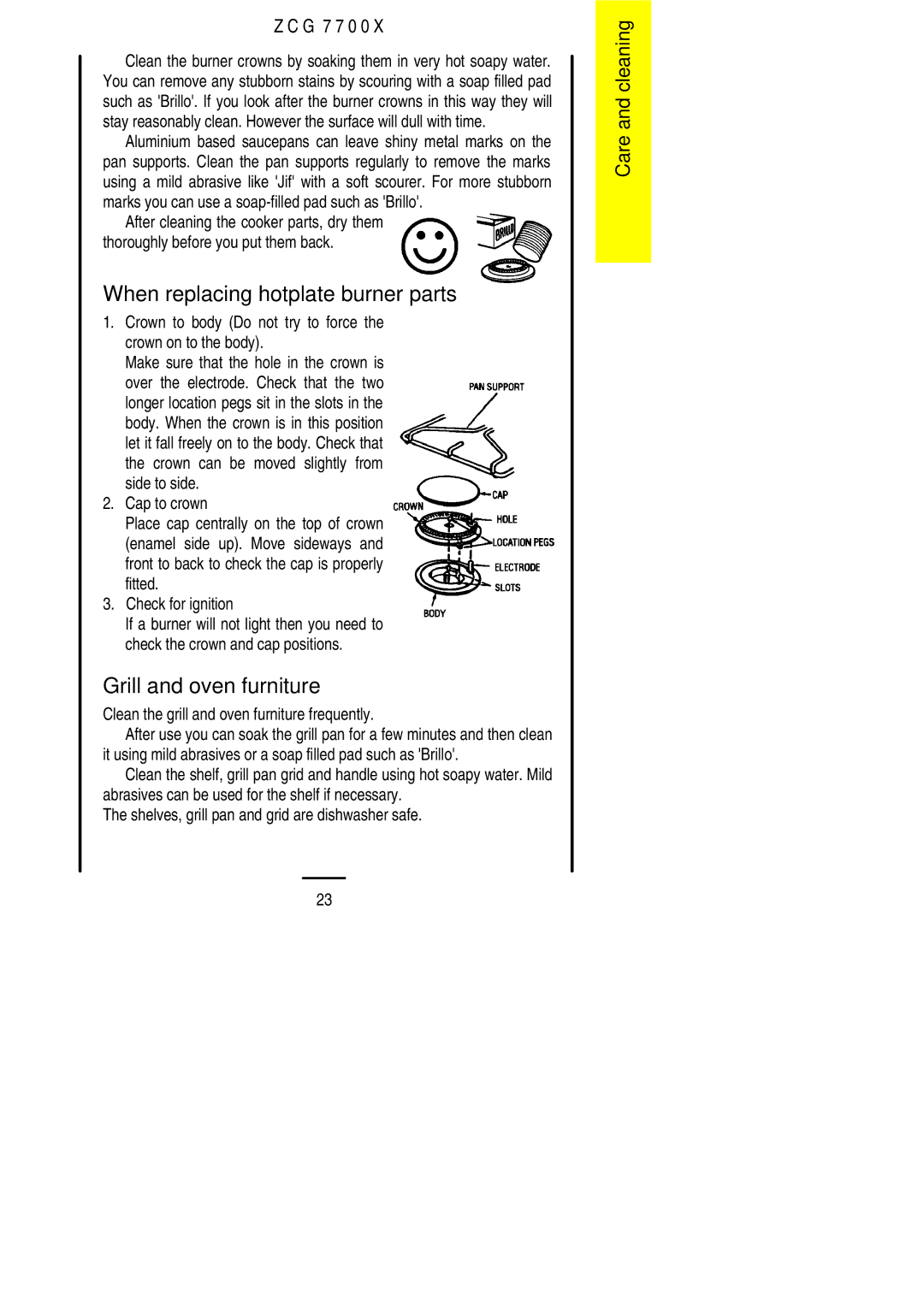 Zanussi ZCG 7700X manual When replacing hotplate burner parts, Grill and oven furniture 