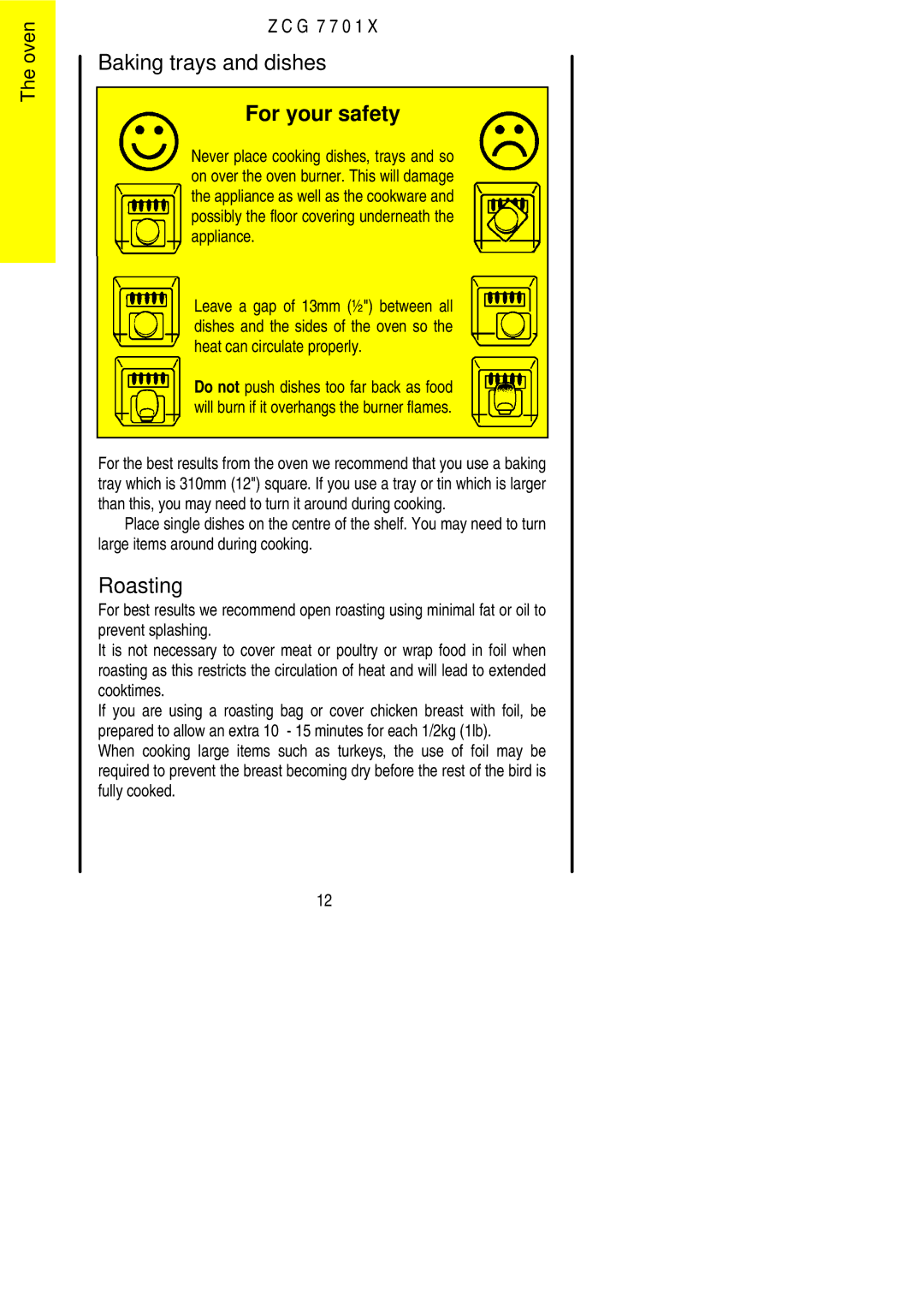 Zanussi ZCG 7701X manual Baking trays and dishes, Roasting 