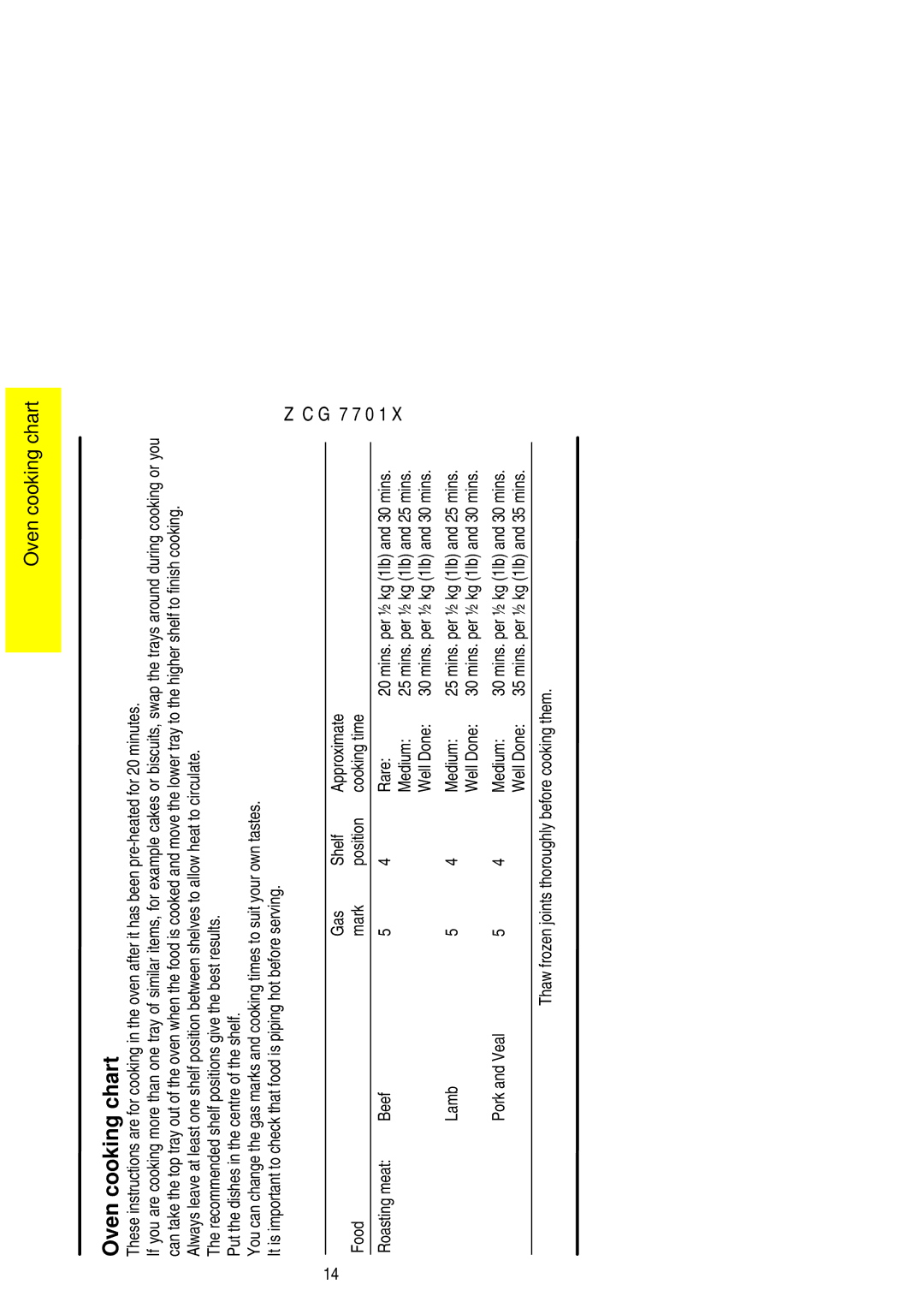 Zanussi ZCG 7701X manual Oven cooking chart 