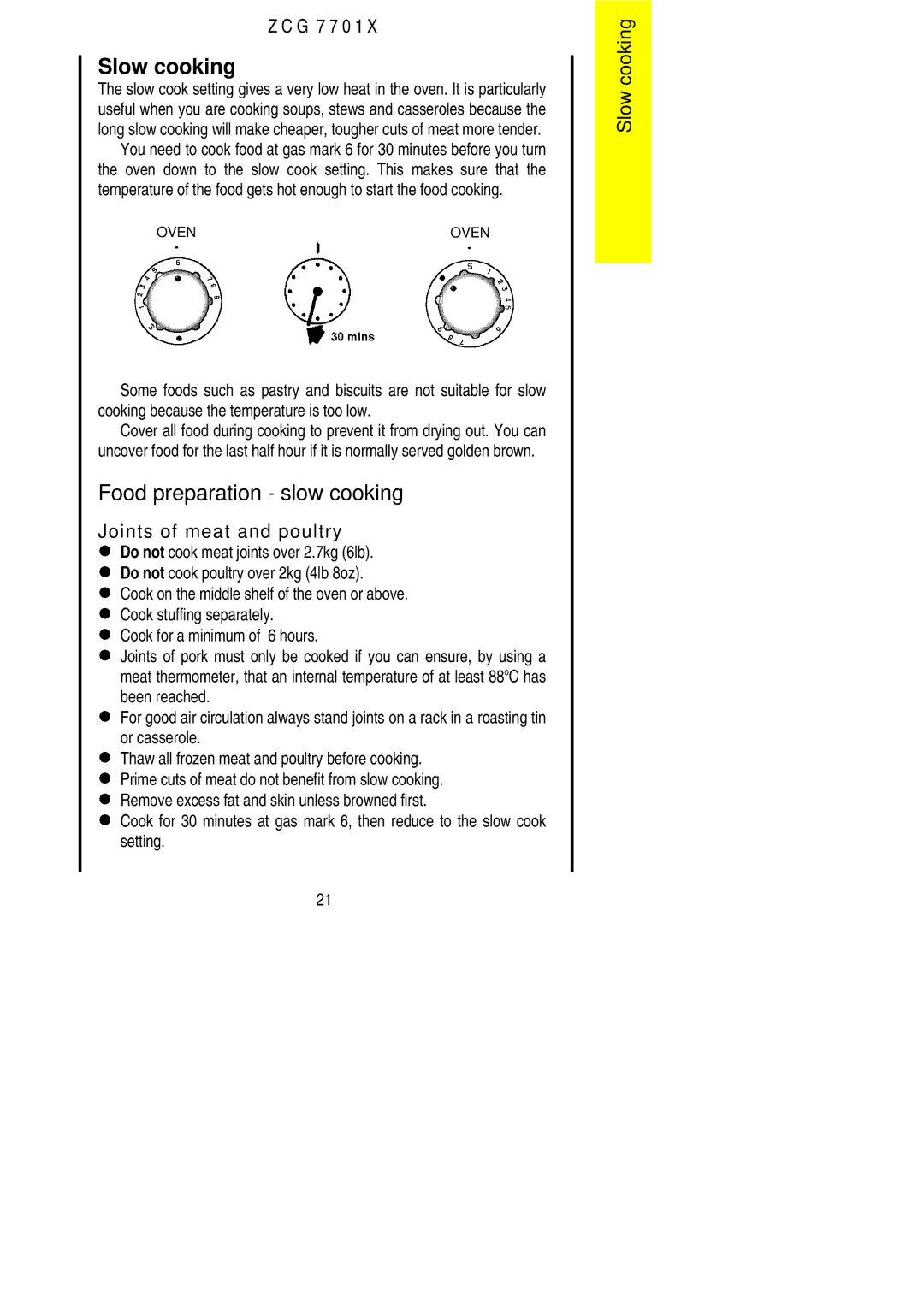 Zanussi ZCG 7701X manual Slow cooking, Food preparation slow cooking 