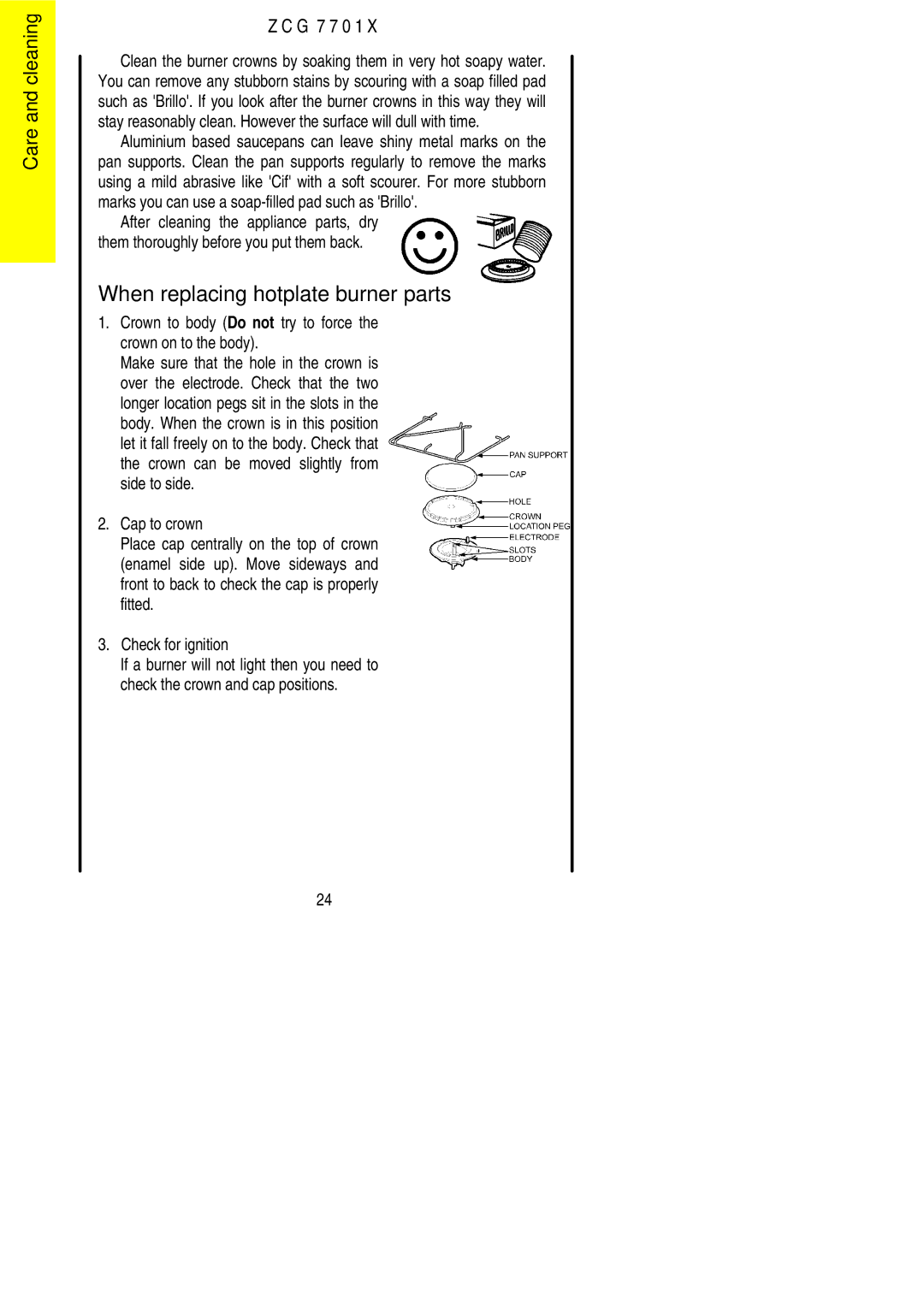 Zanussi ZCG 7701X manual When replacing hotplate burner parts, Crown to body Do not try to force the crown on to the body 