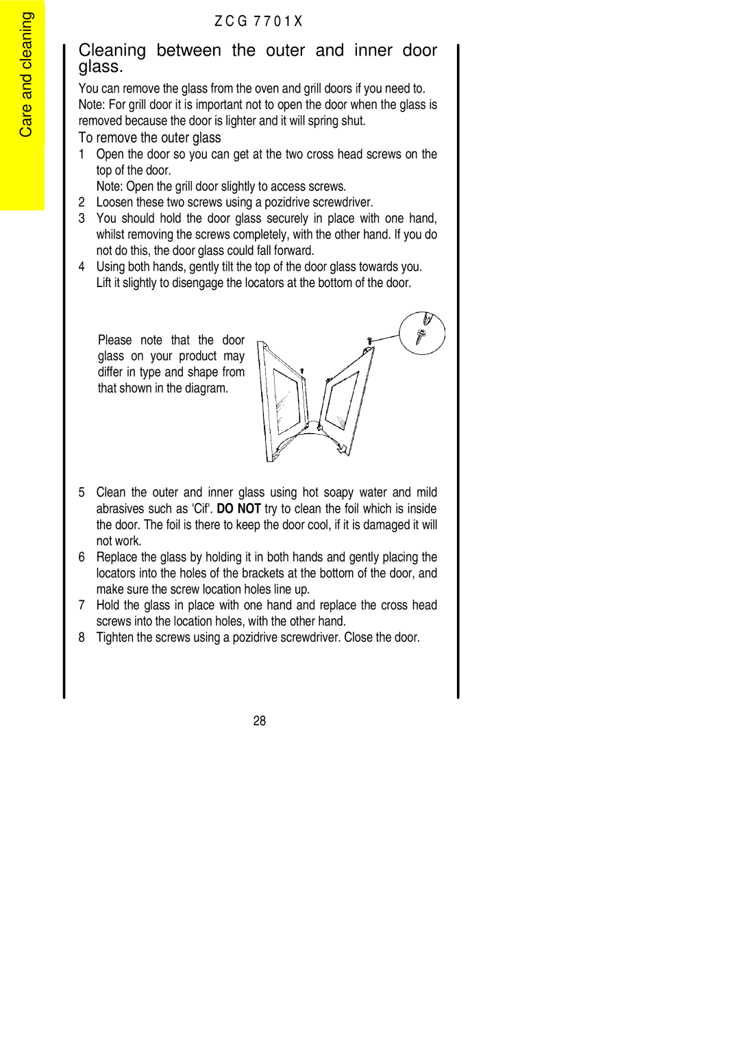 Zanussi ZCG 7701X manual Cleaning between the outer and inner door glass, To remove the outer glass 