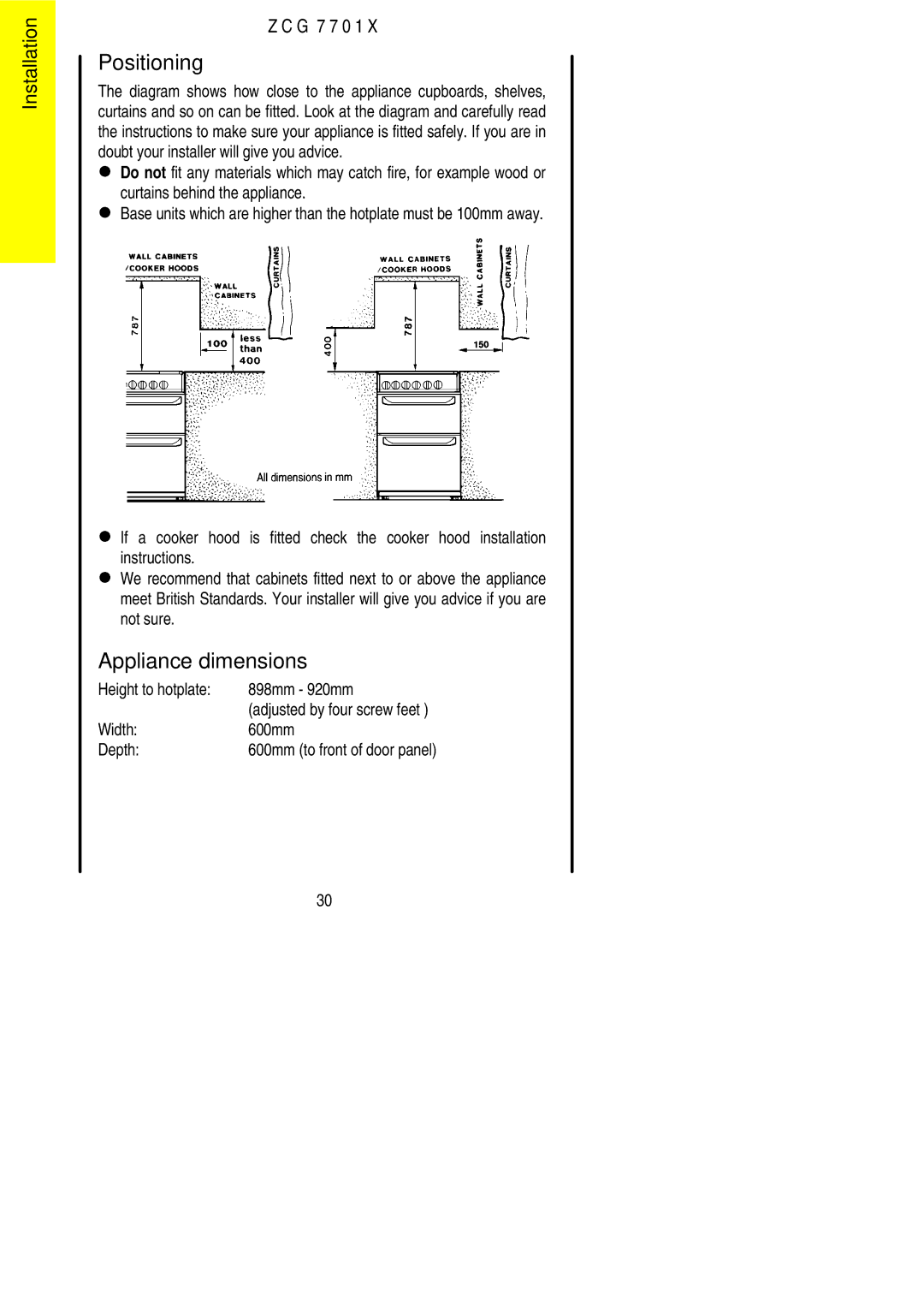 Zanussi ZCG 7701X manual Positioning, Appliance dimensions, Height to hotplate 898mm 920mm, Width 600mm Depth 