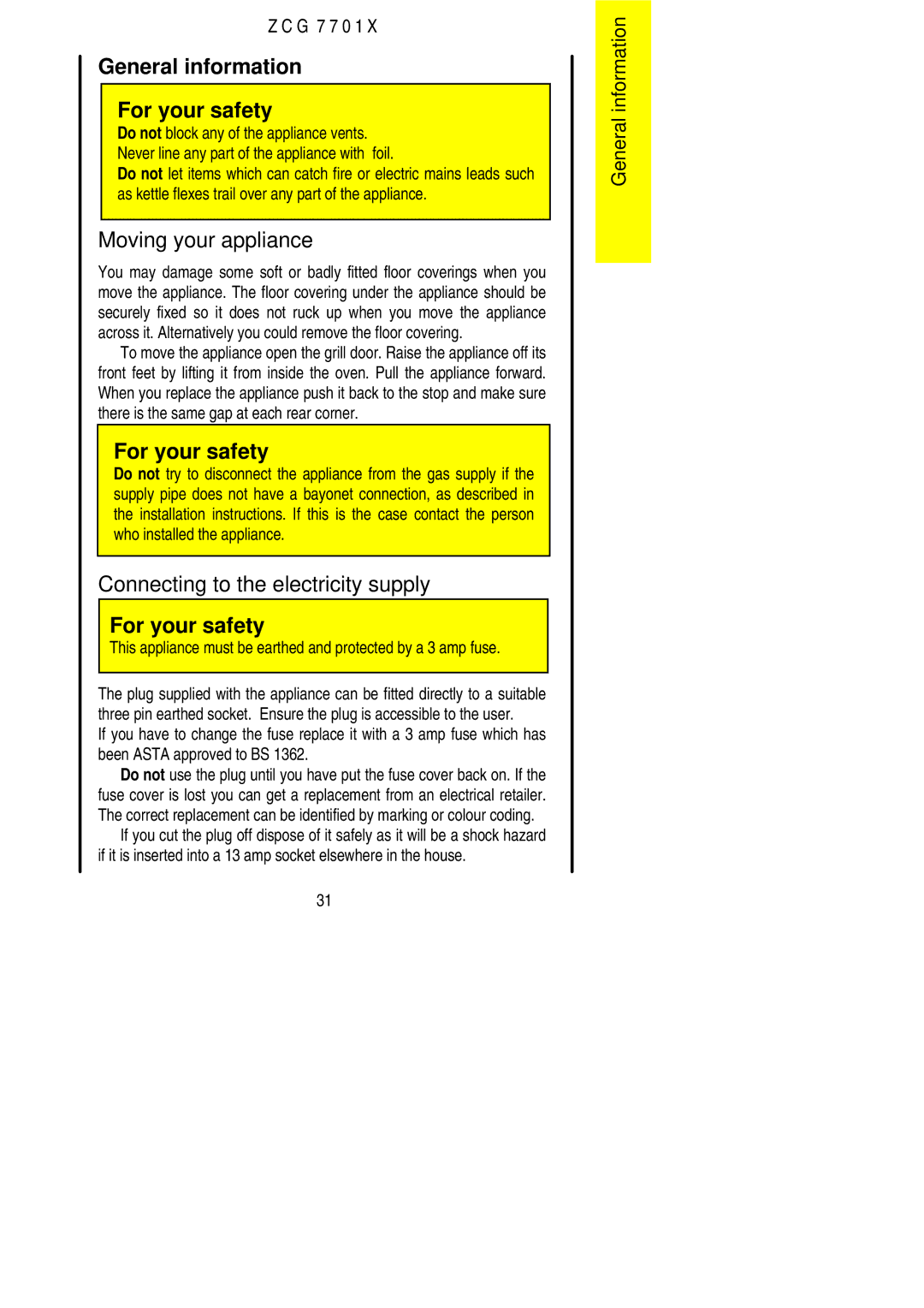 Zanussi ZCG 7701X manual General information For your safety, Moving your appliance, Connecting to the electricity supply 