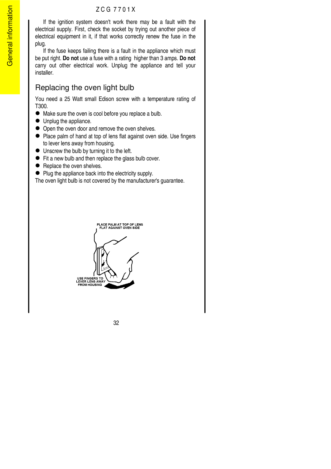 Zanussi ZCG 7701X manual Replacing the oven light bulb 