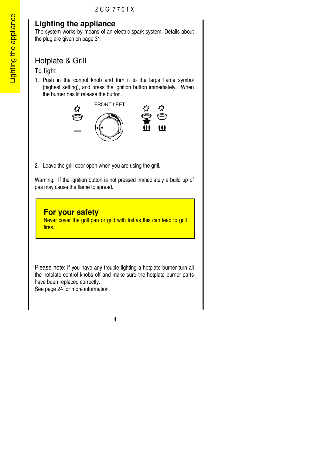 Zanussi ZCG 7701X manual Lighting the appliance, Hotplate & Grill, To light 