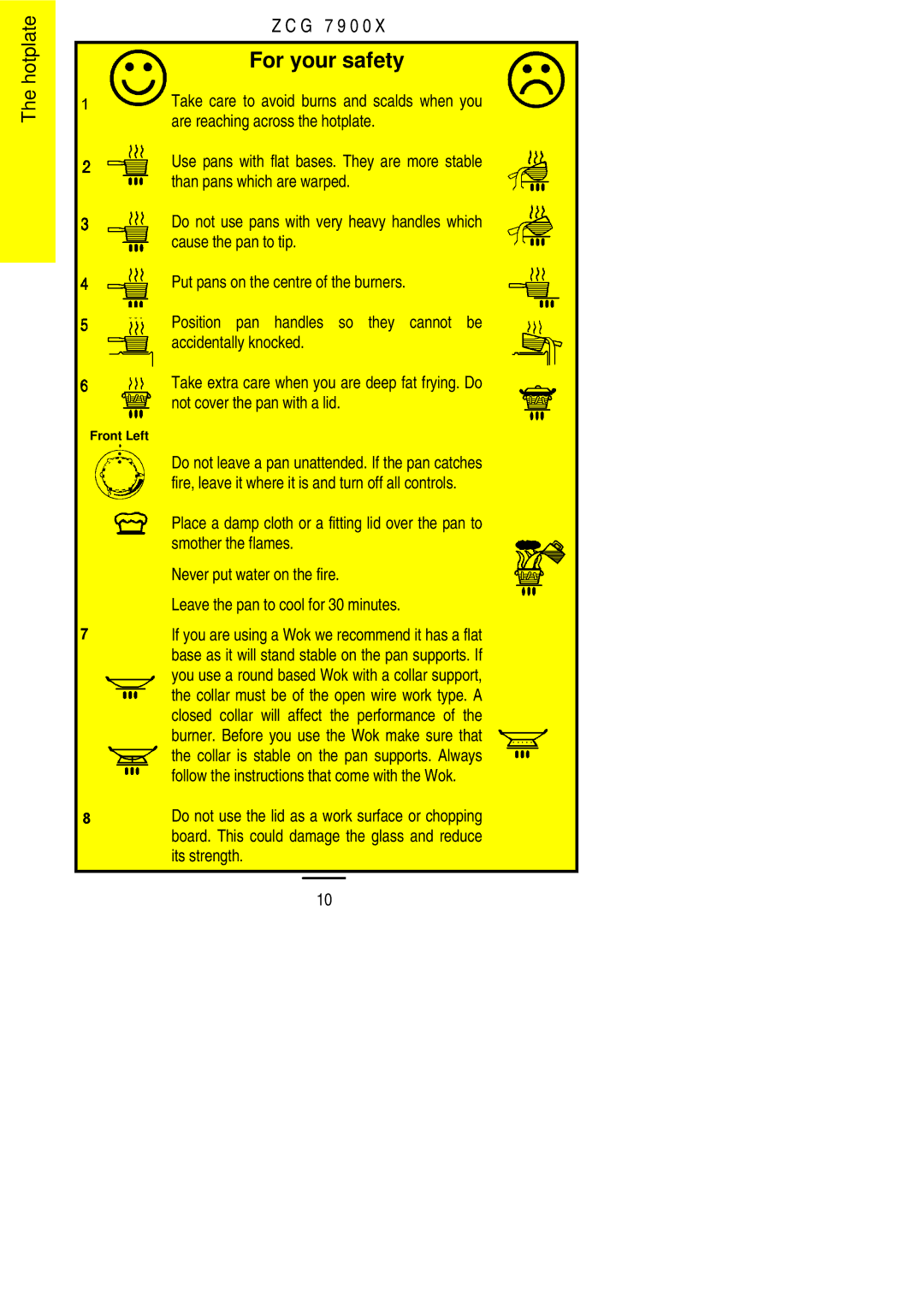 Zanussi ZCG 7900X Take care to avoid burns and scalds when you, Are reaching across the hotplate, Cause the pan to tip 