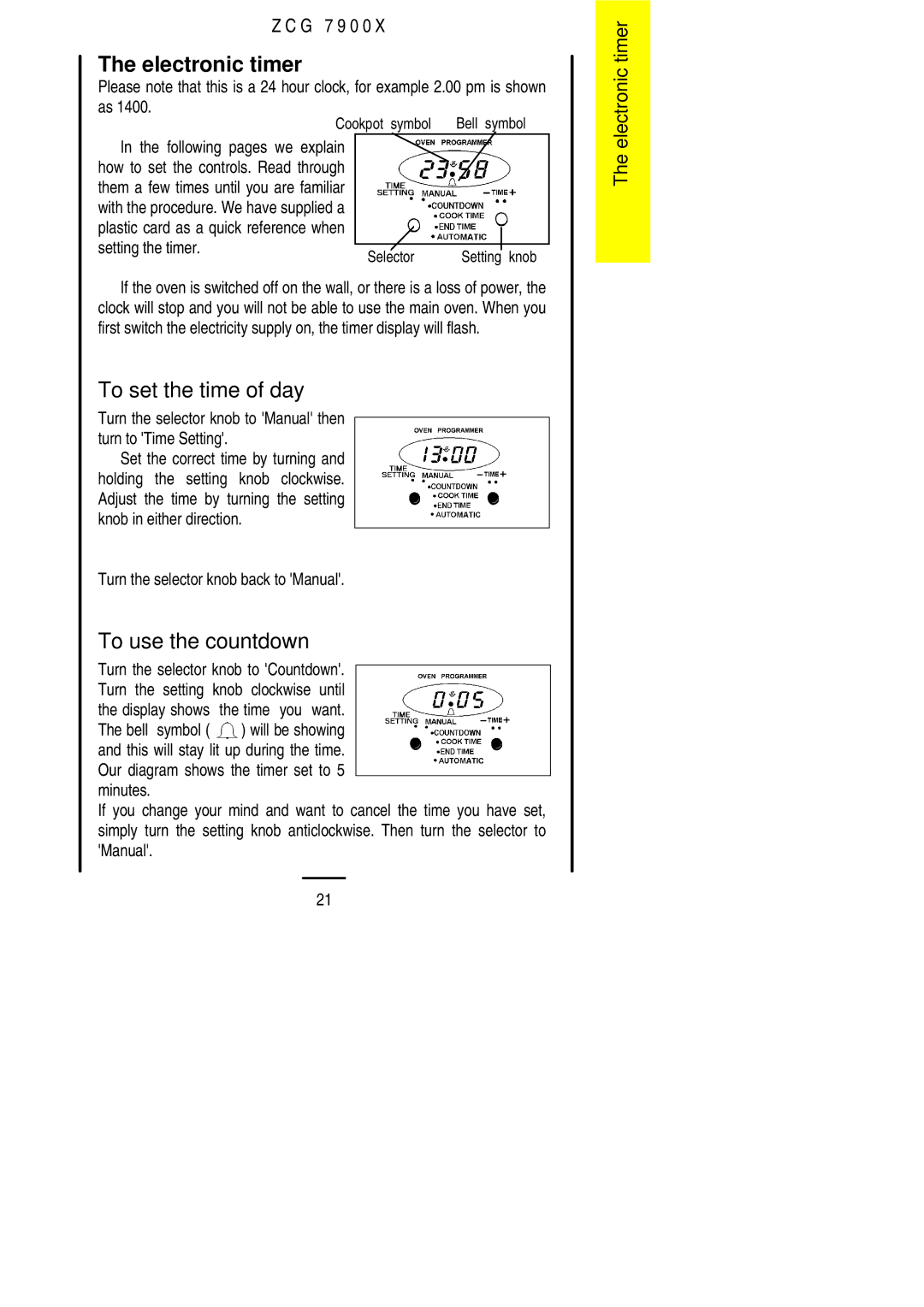 Zanussi ZCG 7900X Electronic timer, To set the time of day, To use the countdown, Turn the selector knob back to Manual 