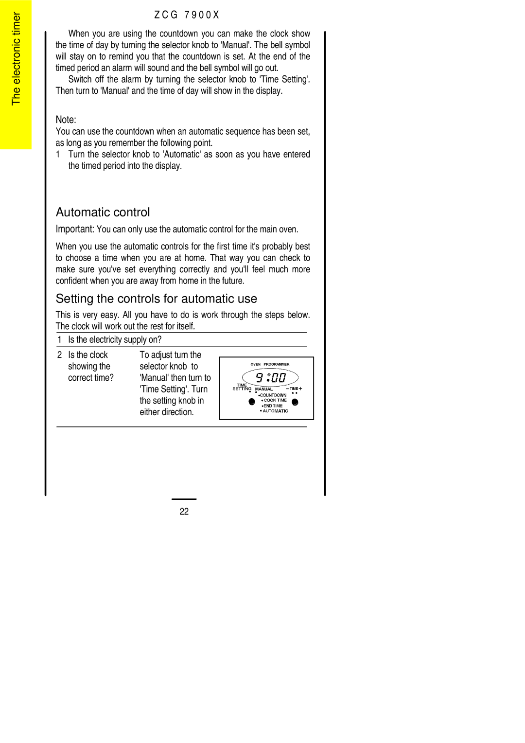 Zanussi ZCG 7900X manual Automatic control, Setting the controls for automatic use, Setting knob Either direction 