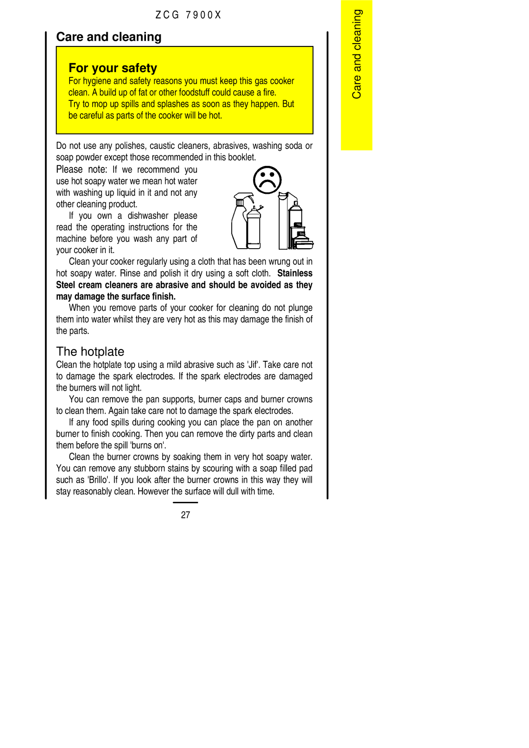 Zanussi ZCG 7900X manual Care and cleaning For your safety, Hotplate 