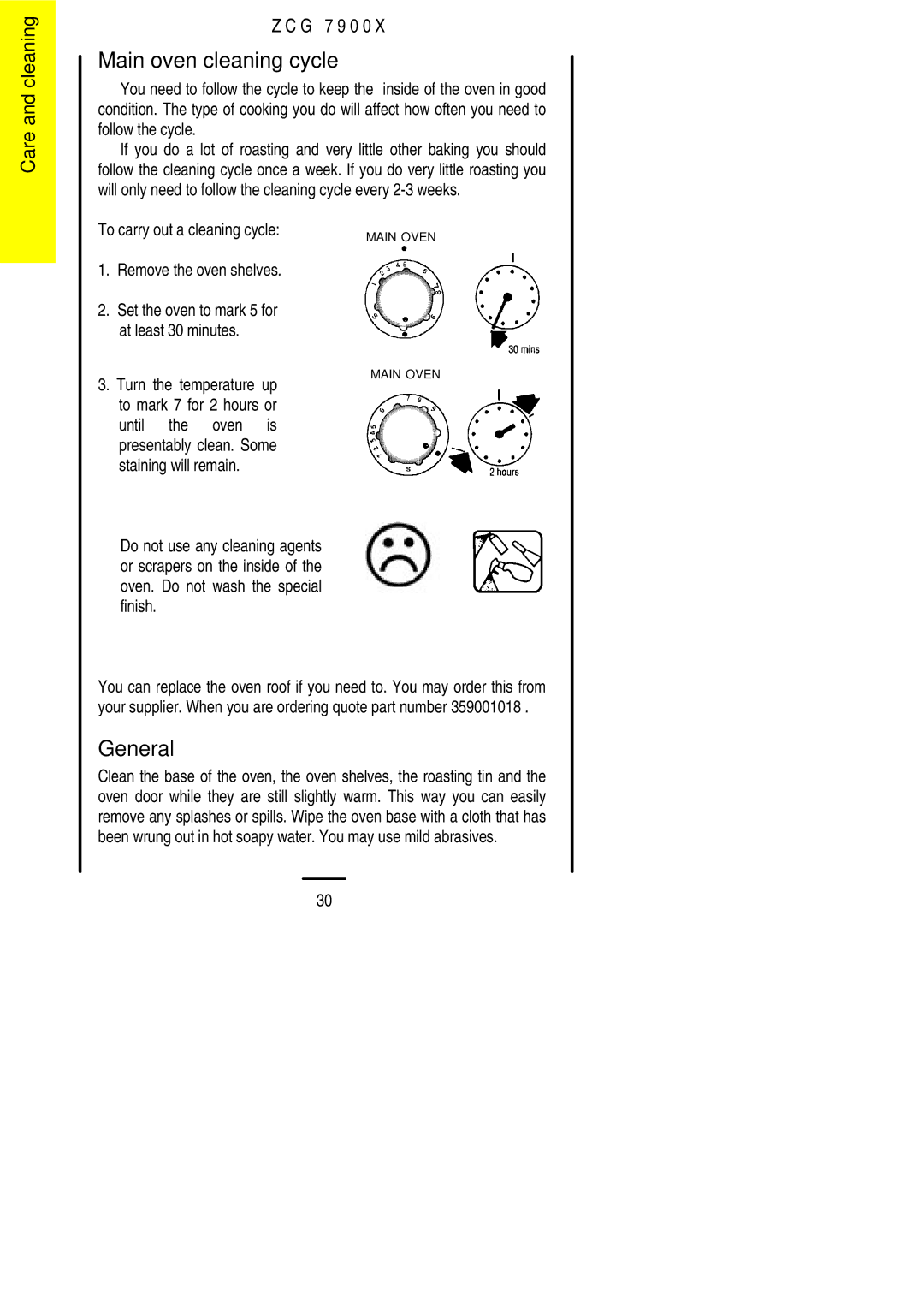 Zanussi ZCG 7900X manual Main oven cleaning cycle, General, To carry out a cleaning cycle Remove the oven shelves 