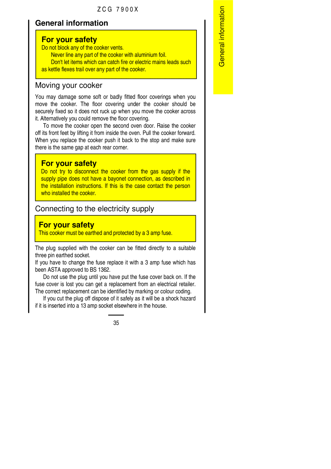 Zanussi ZCG 7900X manual General information For your safety, Moving your cooker, Connecting to the electricity supply 