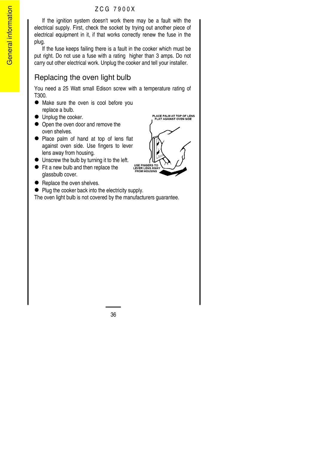 Zanussi ZCG 7900X manual Replacing the oven light bulb 