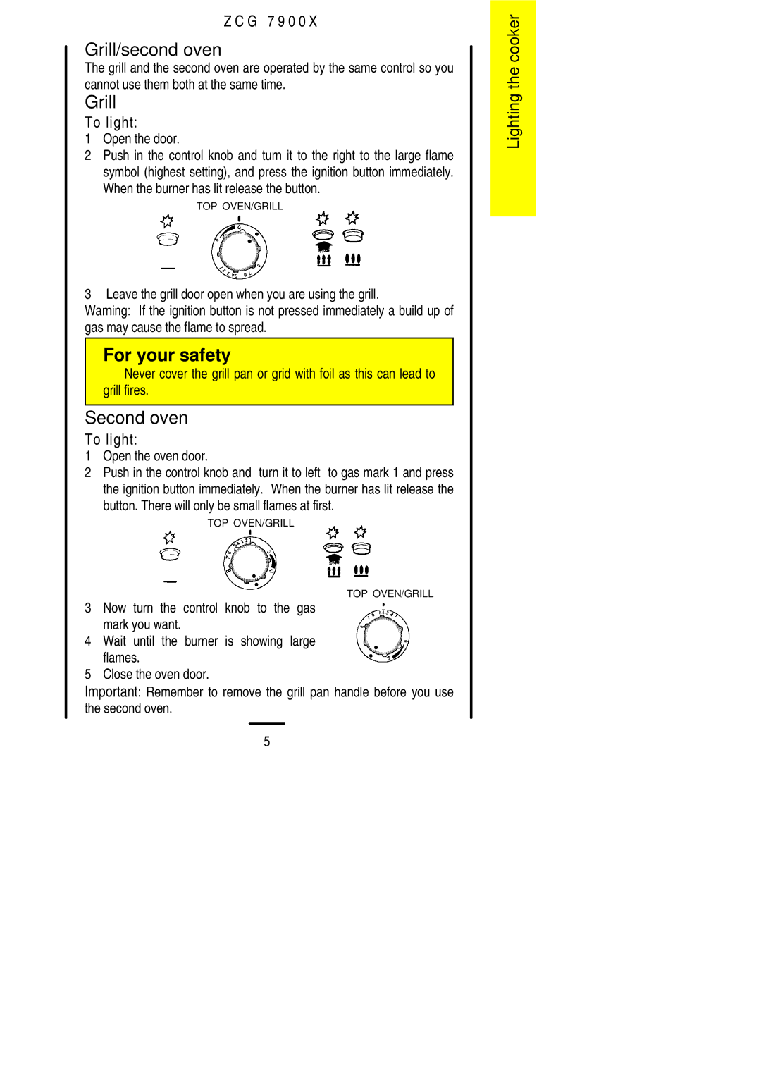 Zanussi ZCG 7900X manual Grill/second oven, Second oven 