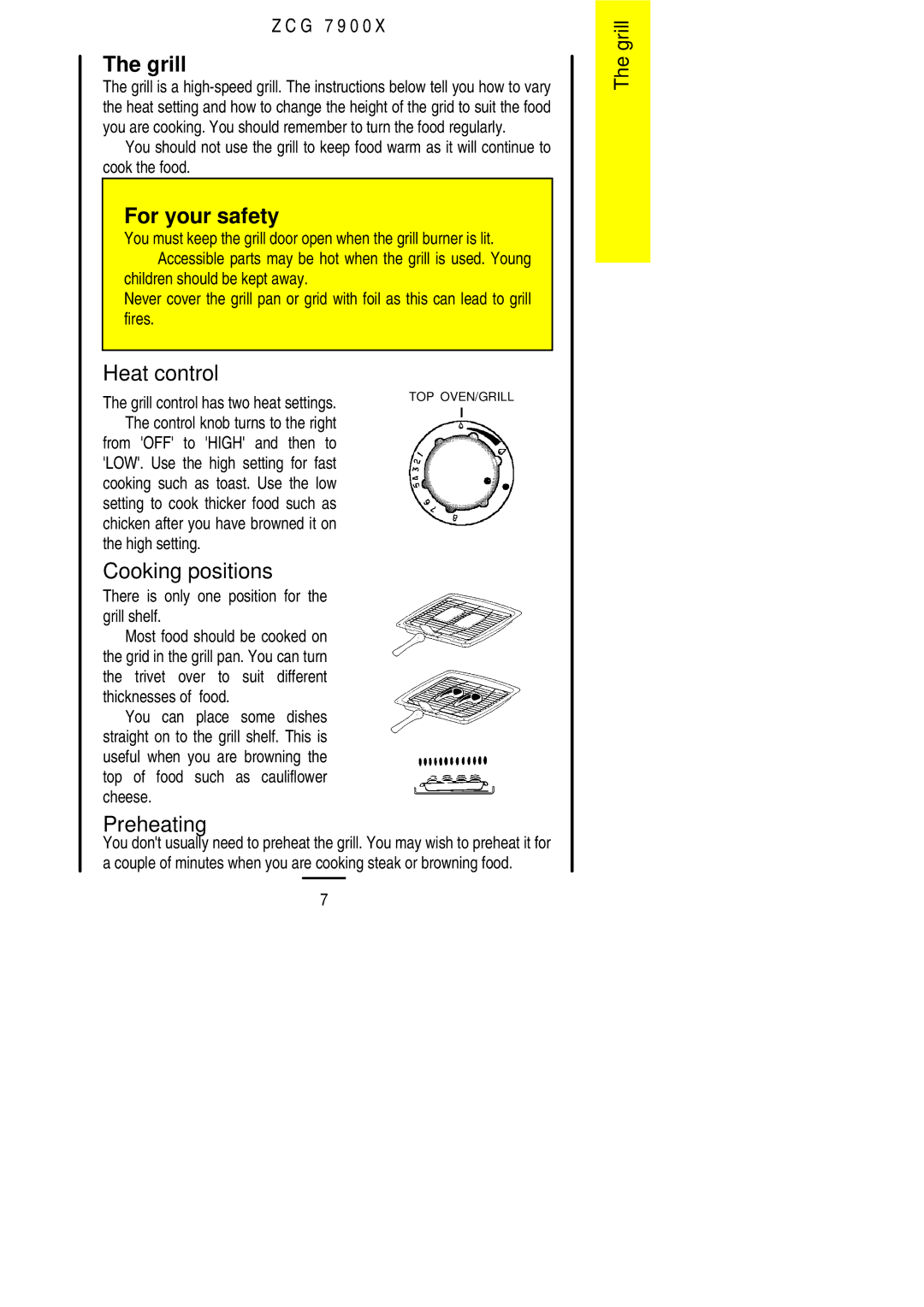 Zanussi ZCG 7900X manual Grill, Heat control, Cooking positions, Preheating 
