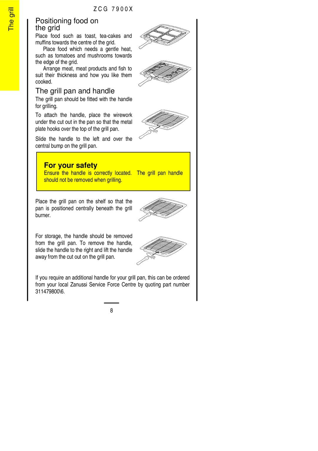 Zanussi ZCG 7900X manual Positioning food on the grid, Grill pan and handle 