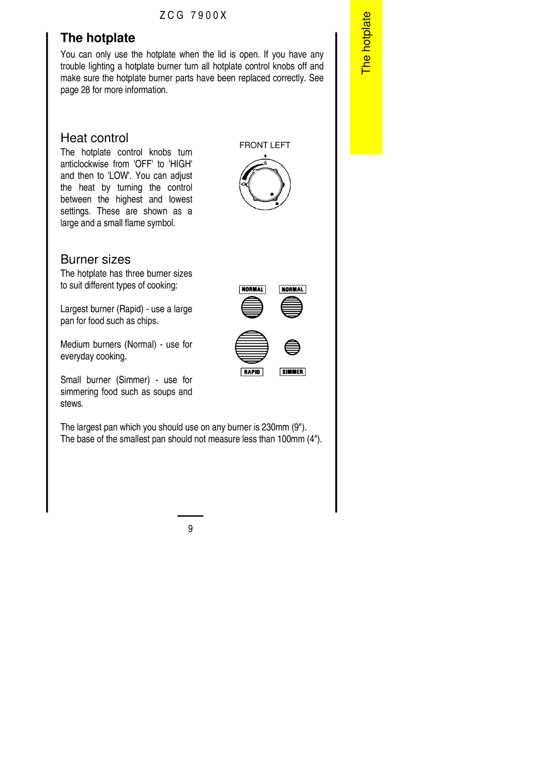 Zanussi ZCG 7900X manual Hotplate, Burner sizes 