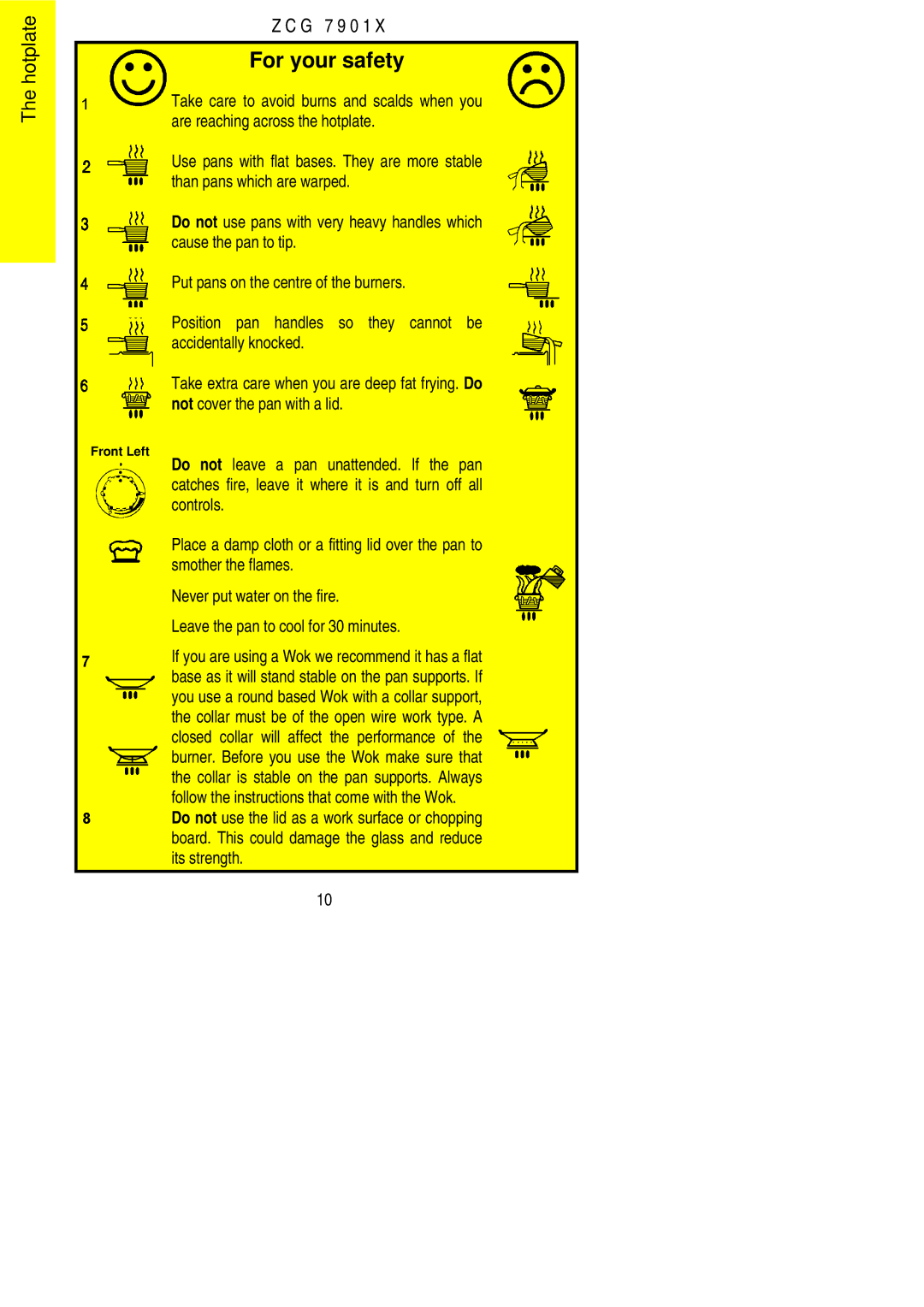 Zanussi ZCG 7901X Take care to avoid burns and scalds when you, Are reaching across the hotplate, Cause the pan to tip 