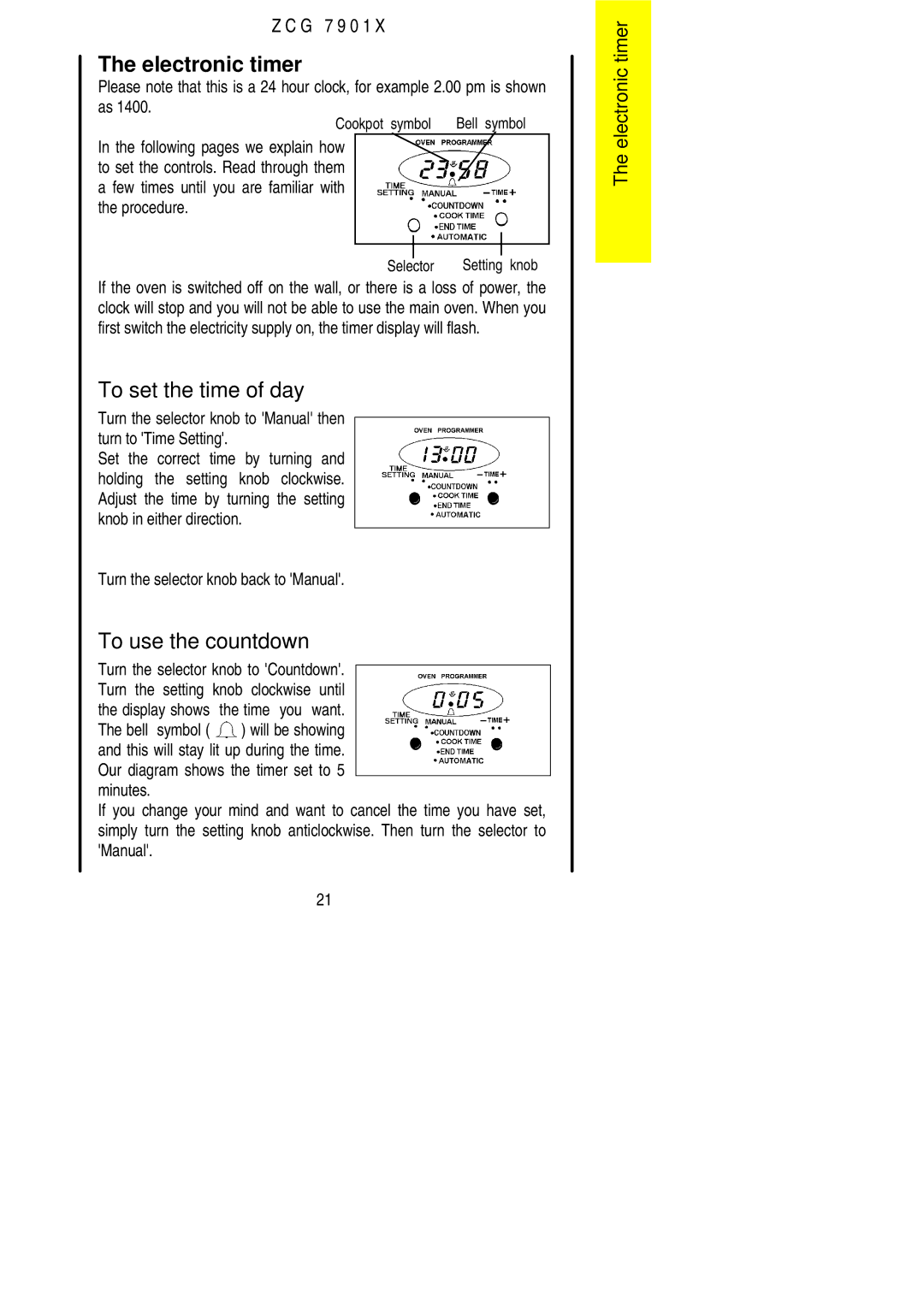 Zanussi ZCG 7901X Electronic timer, To set the time of day, To use the countdown, Turn the selector knob back to Manual 