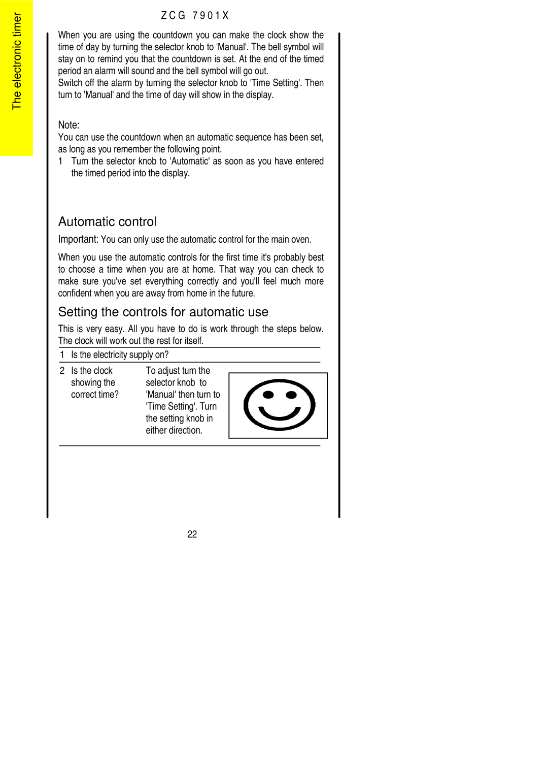 Zanussi ZCG 7901X manual Automatic control, Setting the controls for automatic use, Setting knob Either direction 