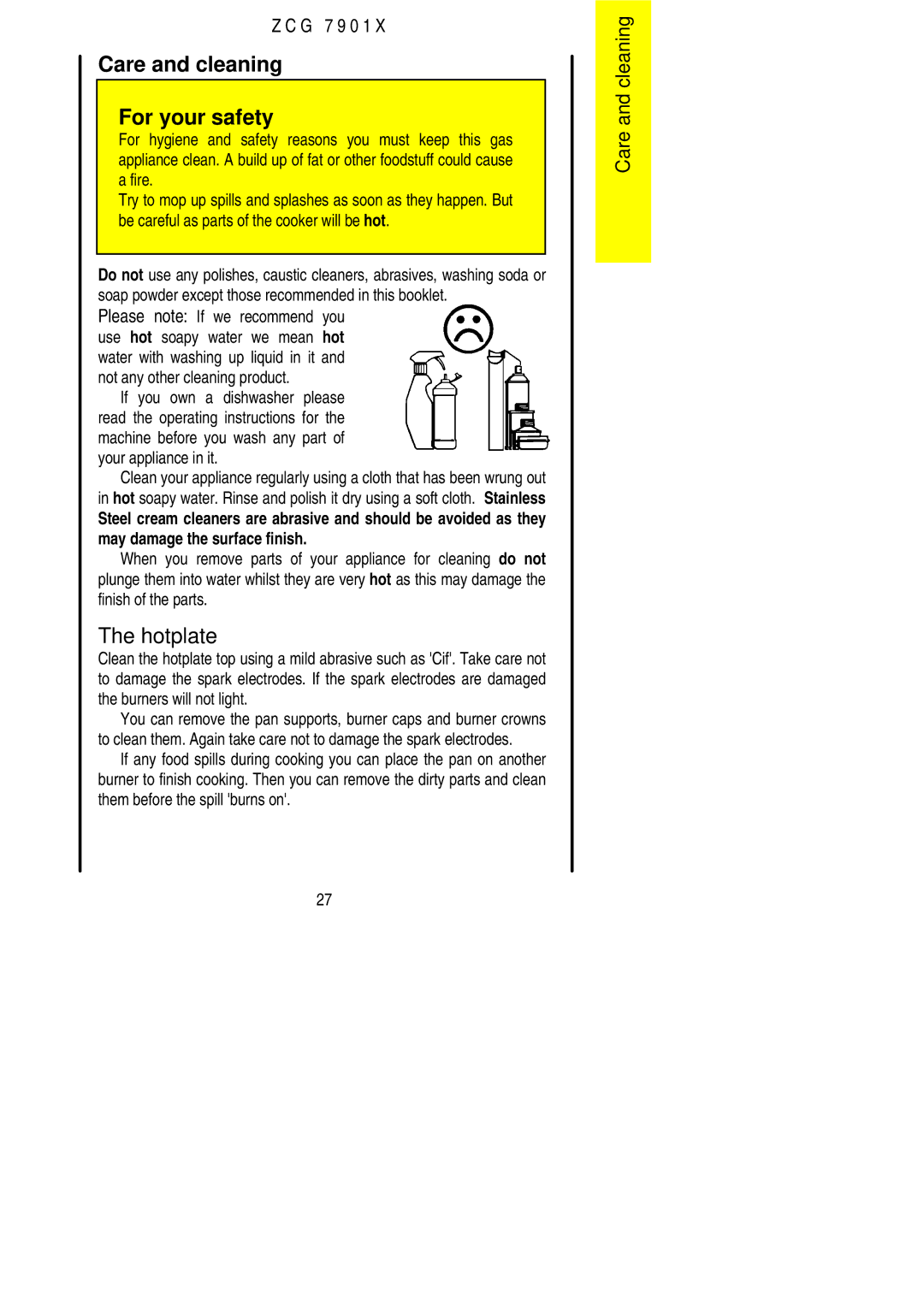 Zanussi ZCG 7901X manual Care and cleaning For your safety, Hotplate 