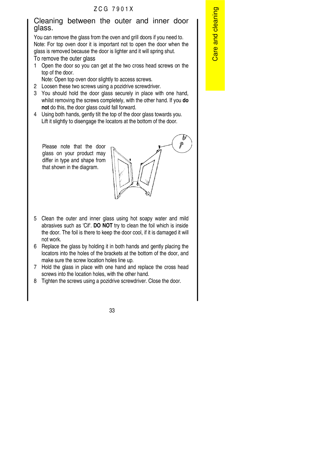 Zanussi ZCG 7901X manual Cleaning between the outer and inner door glass, To remove the outer glass 