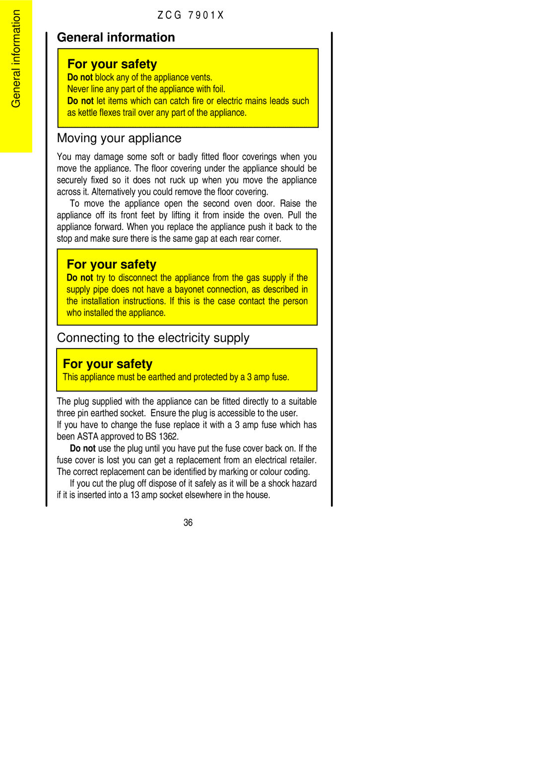 Zanussi ZCG 7901X manual General information For your safety, Moving your appliance, Connecting to the electricity supply 