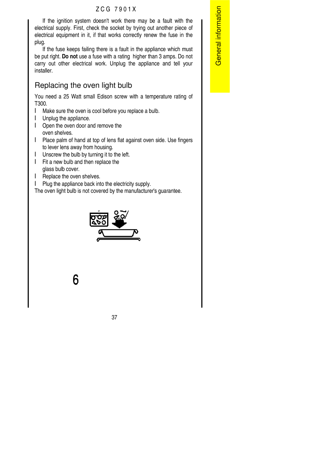 Zanussi ZCG 7901X manual Replacing the oven light bulb 