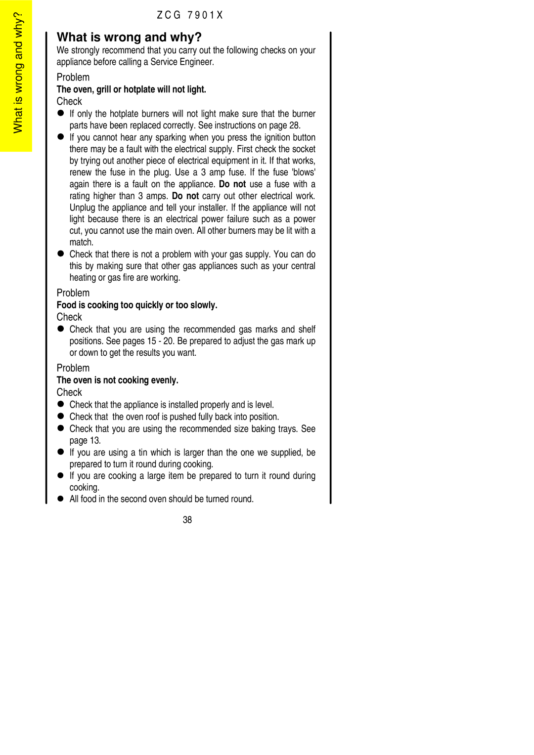 Zanussi ZCG 7901X manual What is wrong and why?, Check 