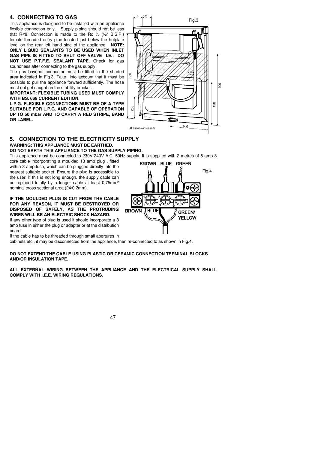 Zanussi ZCG 7901X manual Connecting to GAS, Connection to the Electricity Supply 