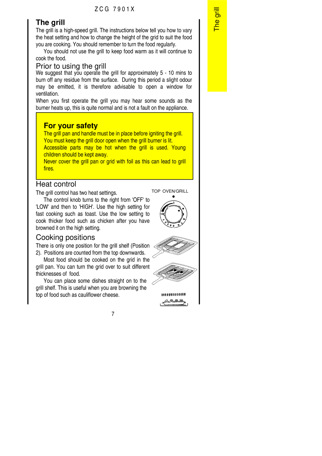 Zanussi ZCG 7901X manual Grill, Prior to using the grill, Heat control, Cooking positions 