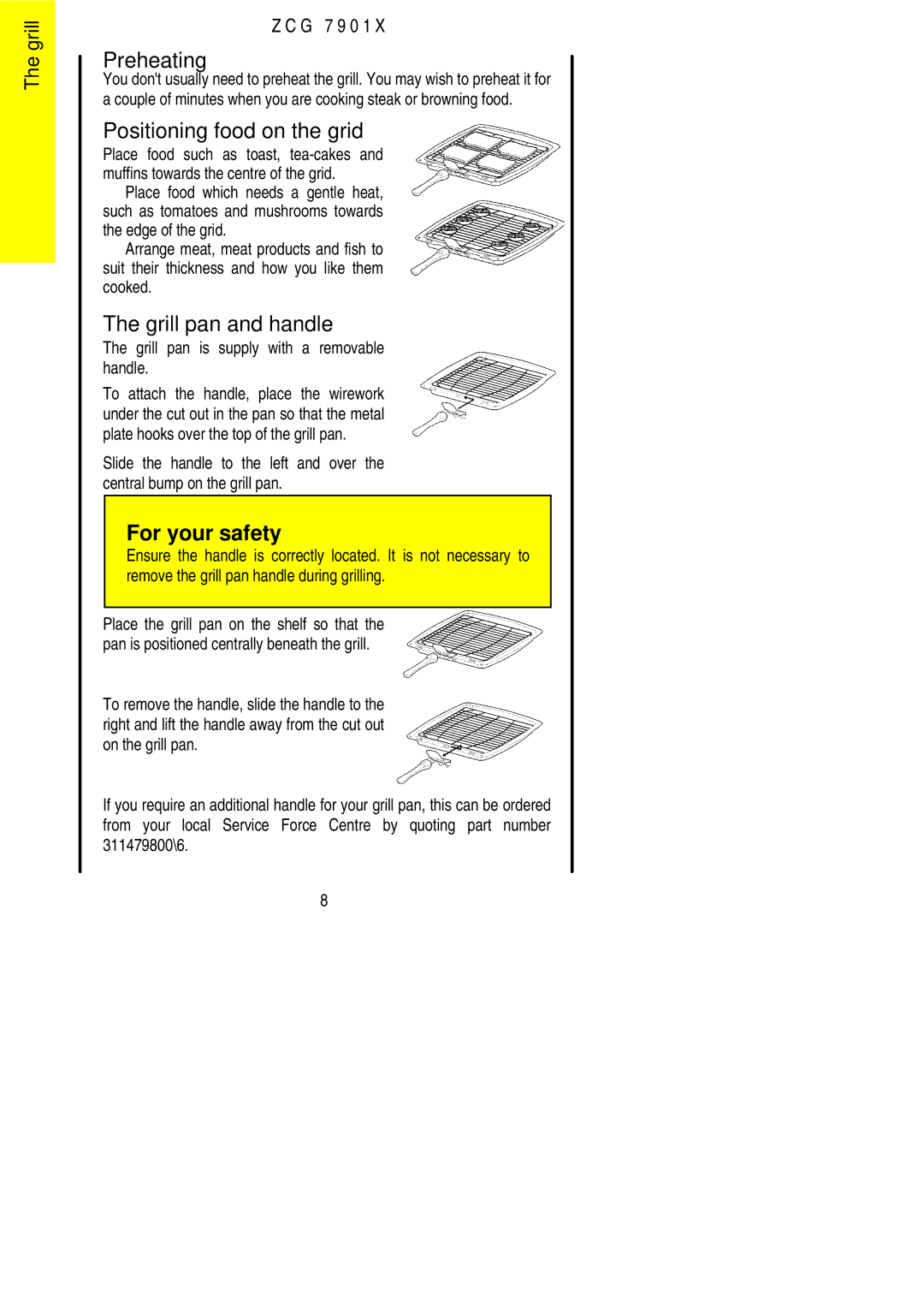 Zanussi ZCG 7901X manual Preheating, Positioning food on the grid, Grill pan and handle 