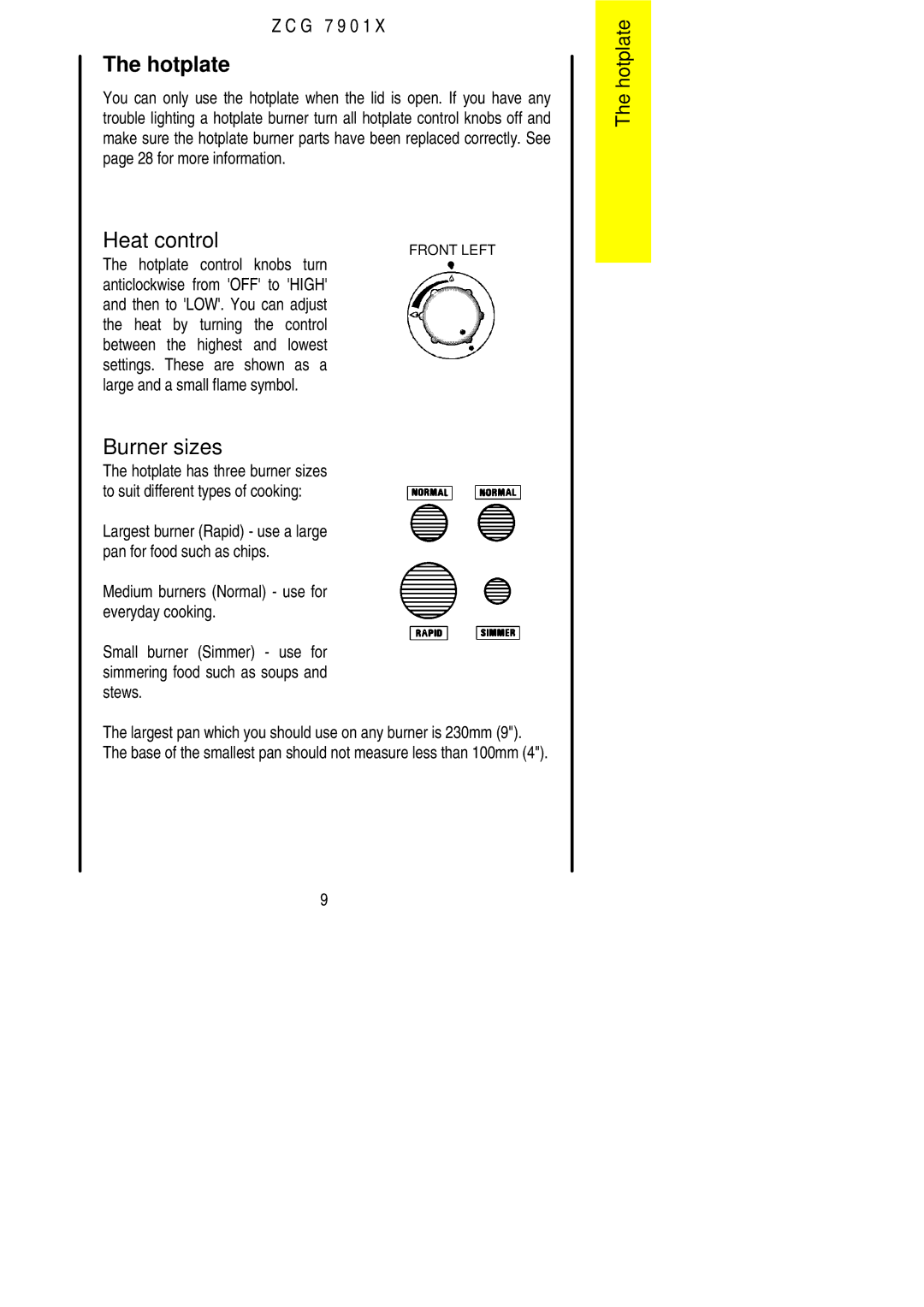 Zanussi ZCG 7901X manual Hotplate, Burner sizes 