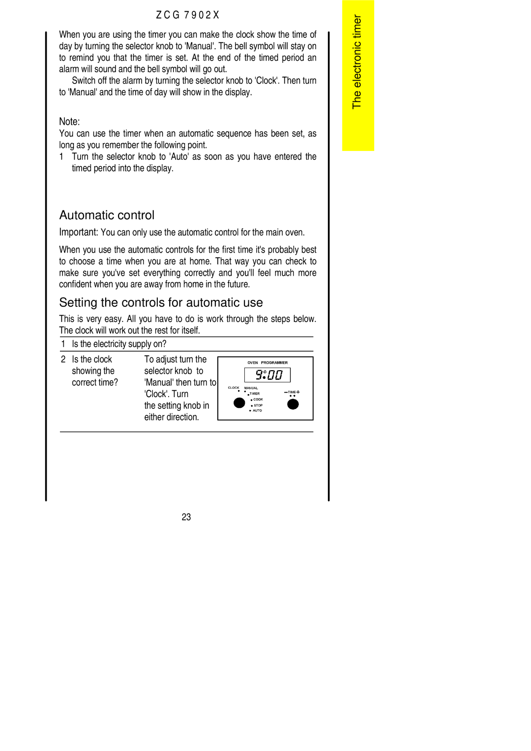 Zanussi ZCG 7902X manual Automatic control, Setting the controls for automatic use, Showing Selector knob to Correct time? 