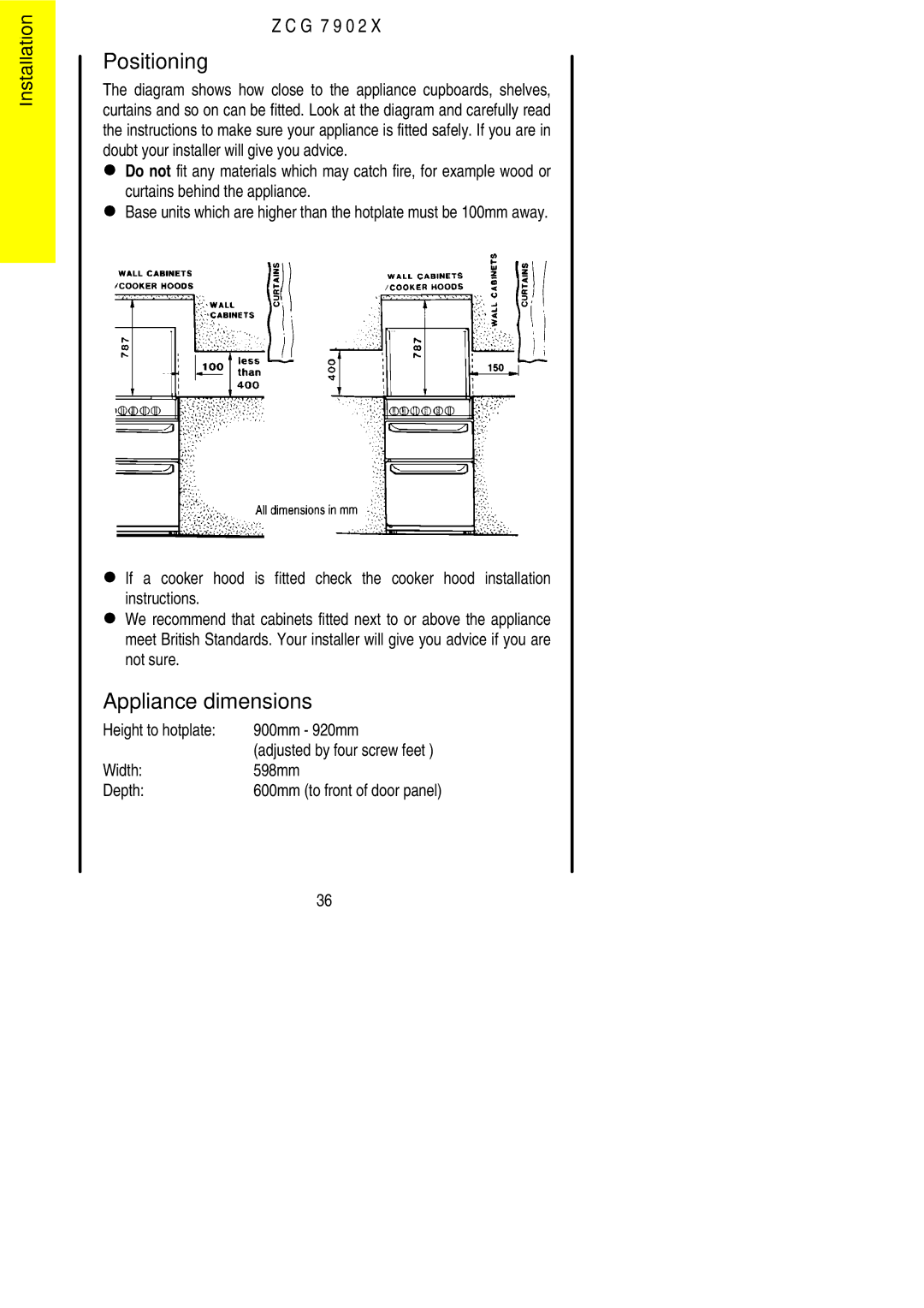 Zanussi ZCG 7902X manual Positioning, Appliance dimensions, Height to hotplate 900mm 920mm, Width 598mm Depth 