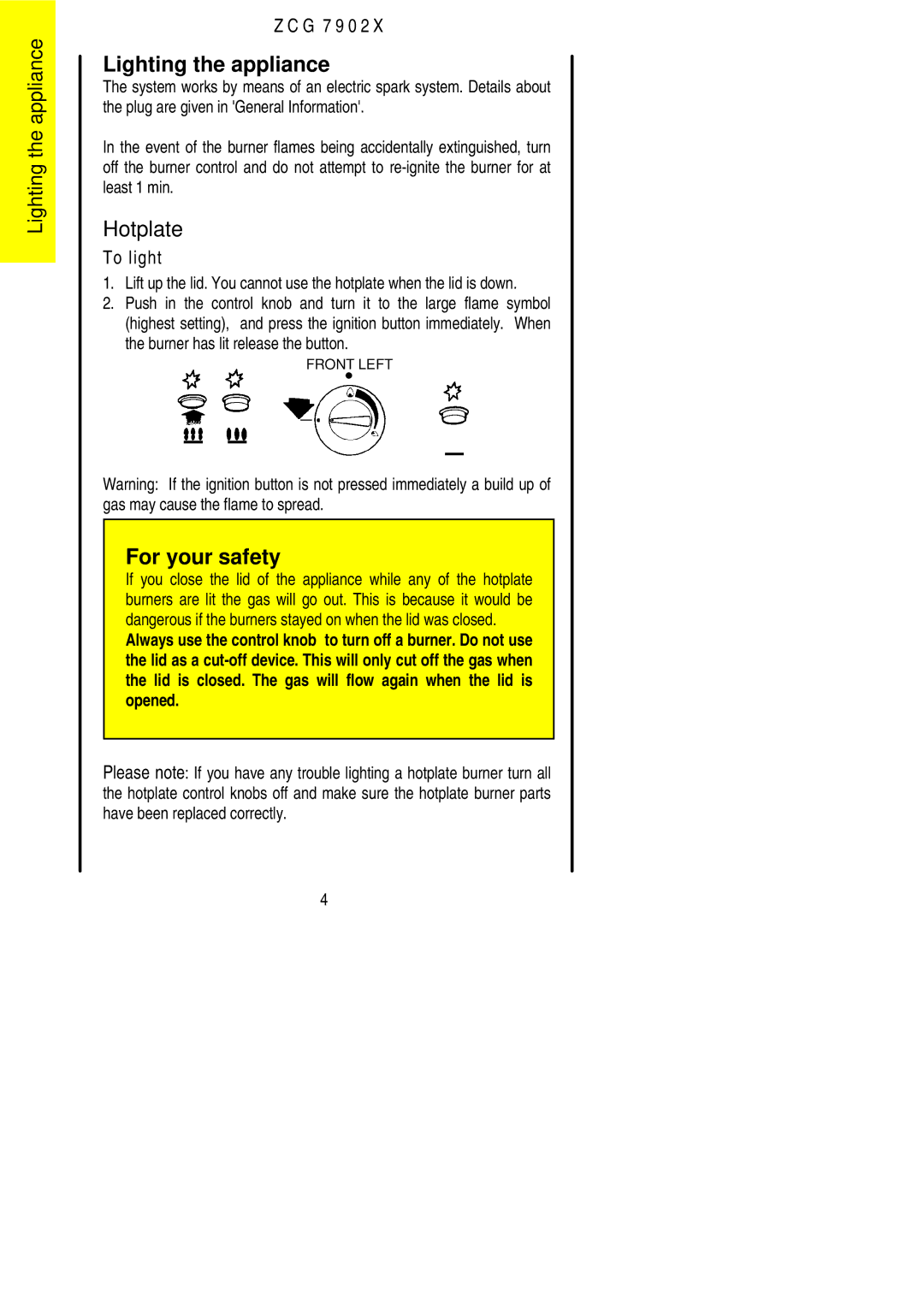 Zanussi ZCG 7902X manual Lighting the appliance, Hotplate 