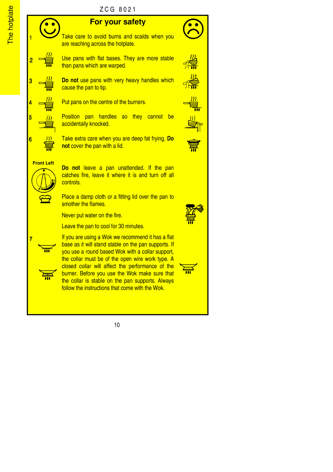 Zanussi ZCG 8021 Take care to avoid burns and scalds when you, Are reaching across the hotplate, Cause the pan to tip 