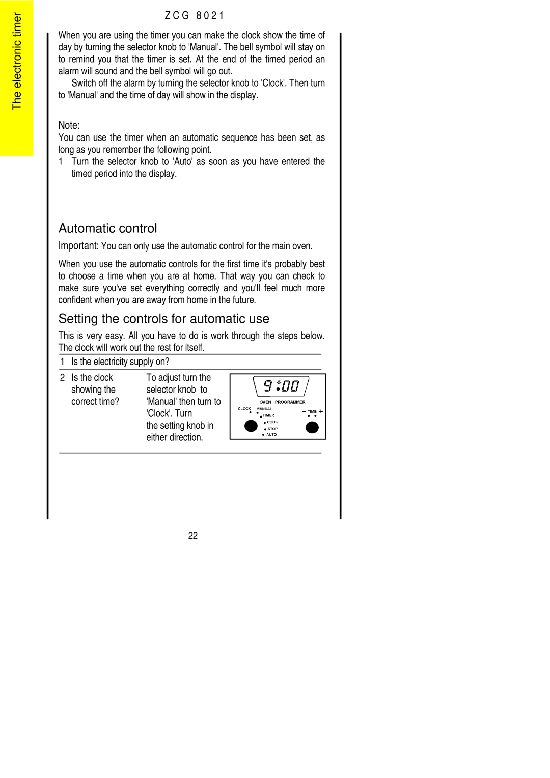 Zanussi ZCG 8021 Automatic control, Setting the controls for automatic use, Clock. Turn Setting knob Either direction 