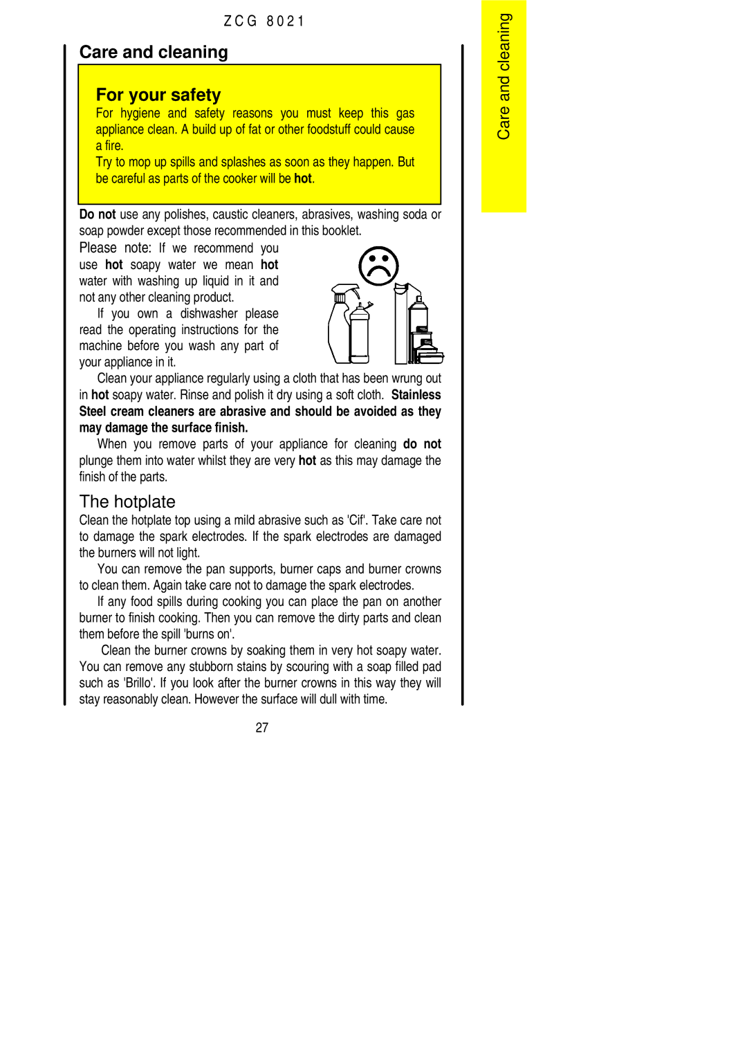 Zanussi ZCG 8021 manual Care and cleaning For your safety, Hotplate 