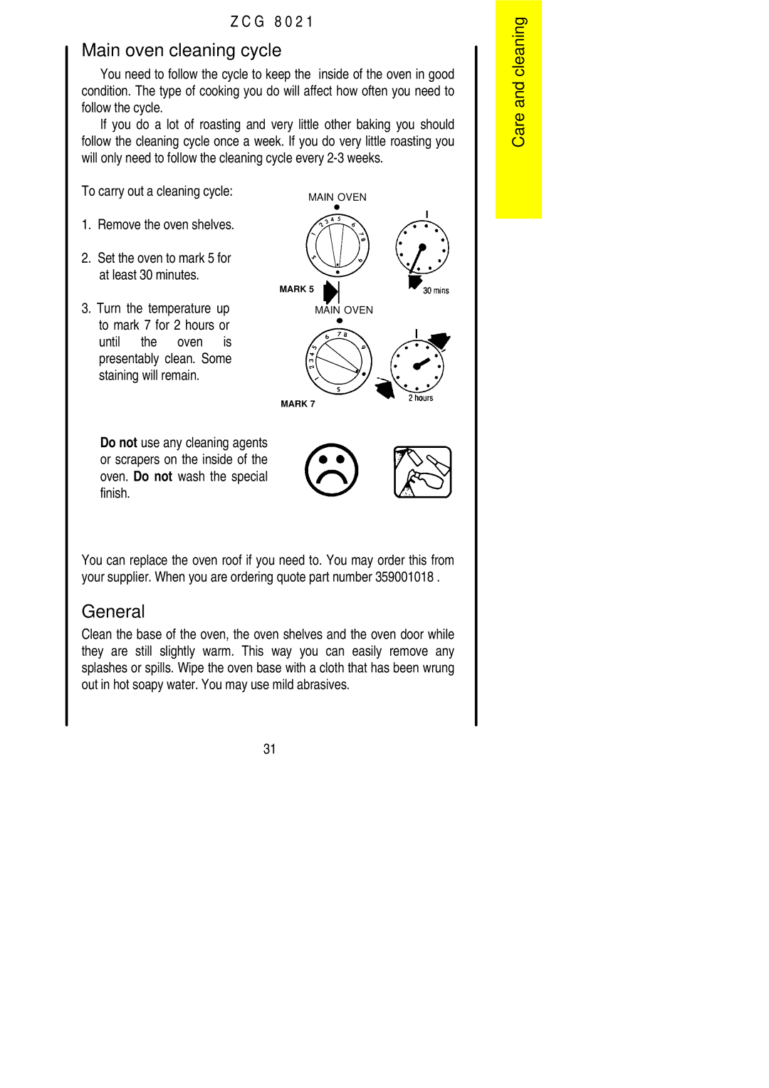 Zanussi ZCG 8021 manual Main oven cleaning cycle, General, To carry out a cleaning cycle Remove the oven shelves 