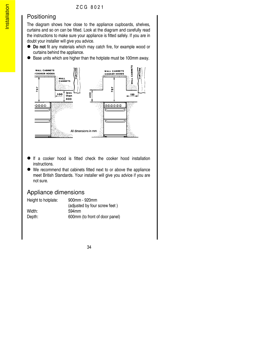 Zanussi ZCG 8021 manual Positioning, Appliance dimensions, Height to hotplate 900mm 920mm, Width 594mm Depth 