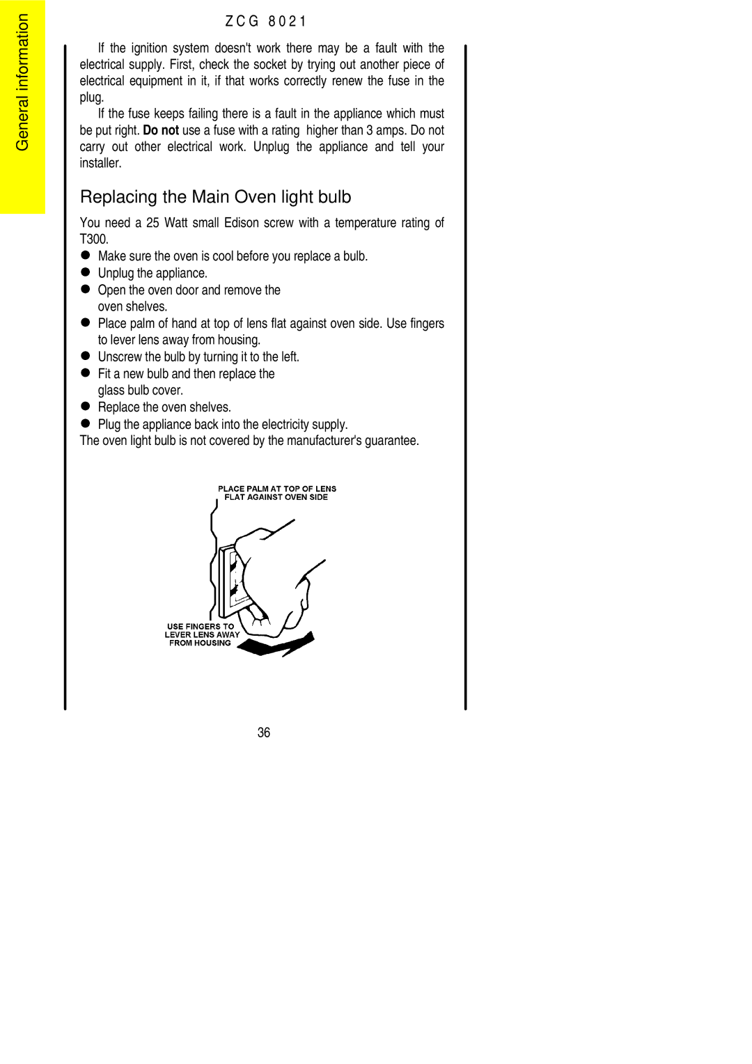 Zanussi ZCG 8021 manual Replacing the Main Oven light bulb 