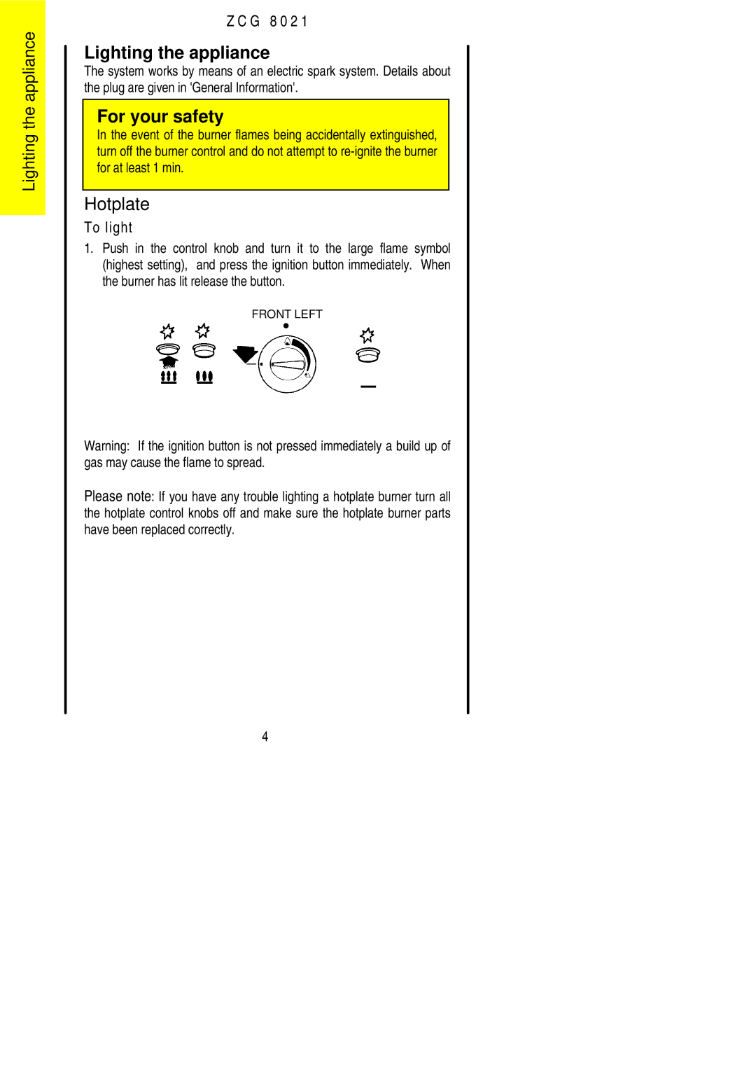 Zanussi ZCG 8021 manual Lighting the appliance, Hotplate 