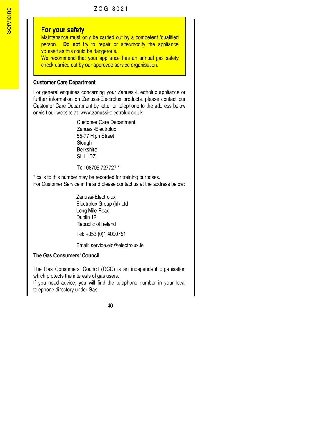 Zanussi ZCG 8021 manual Customer Care Department 