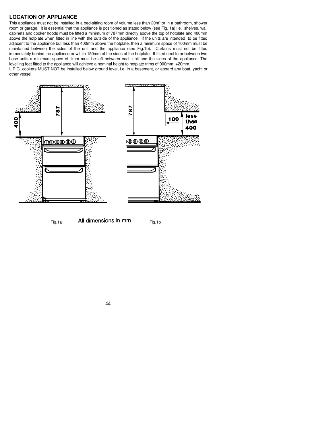 Zanussi ZCG 8021 manual Location of Appliance, AFig.1b 