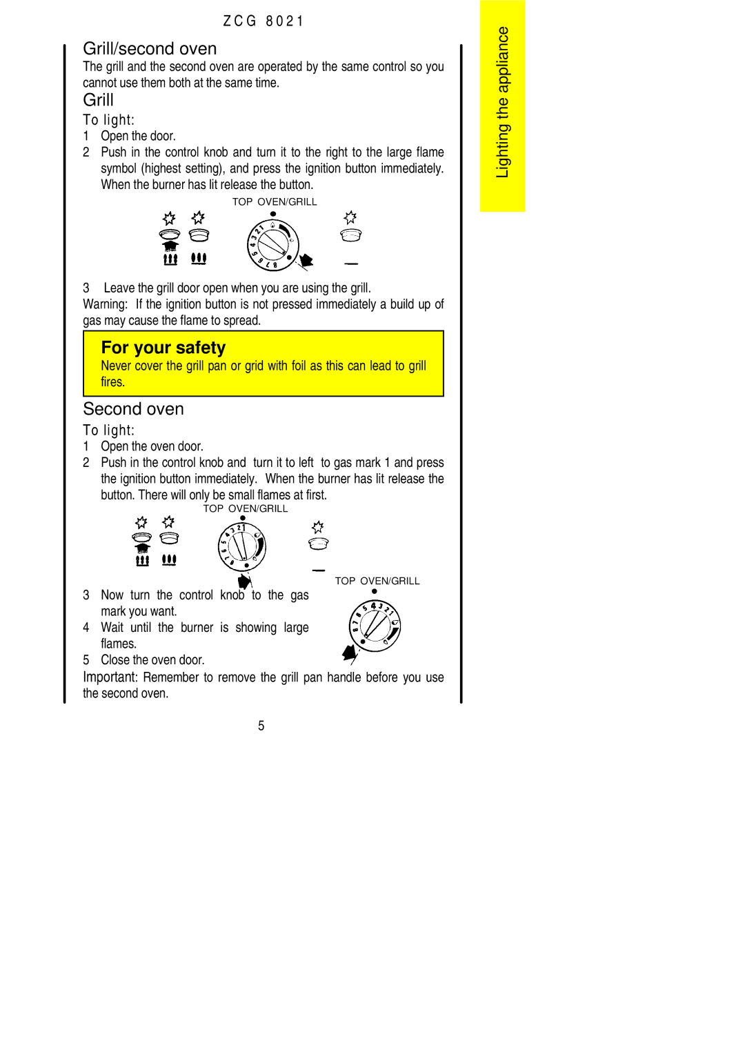 Zanussi ZCG 8021 manual Grill/second oven, Second oven 